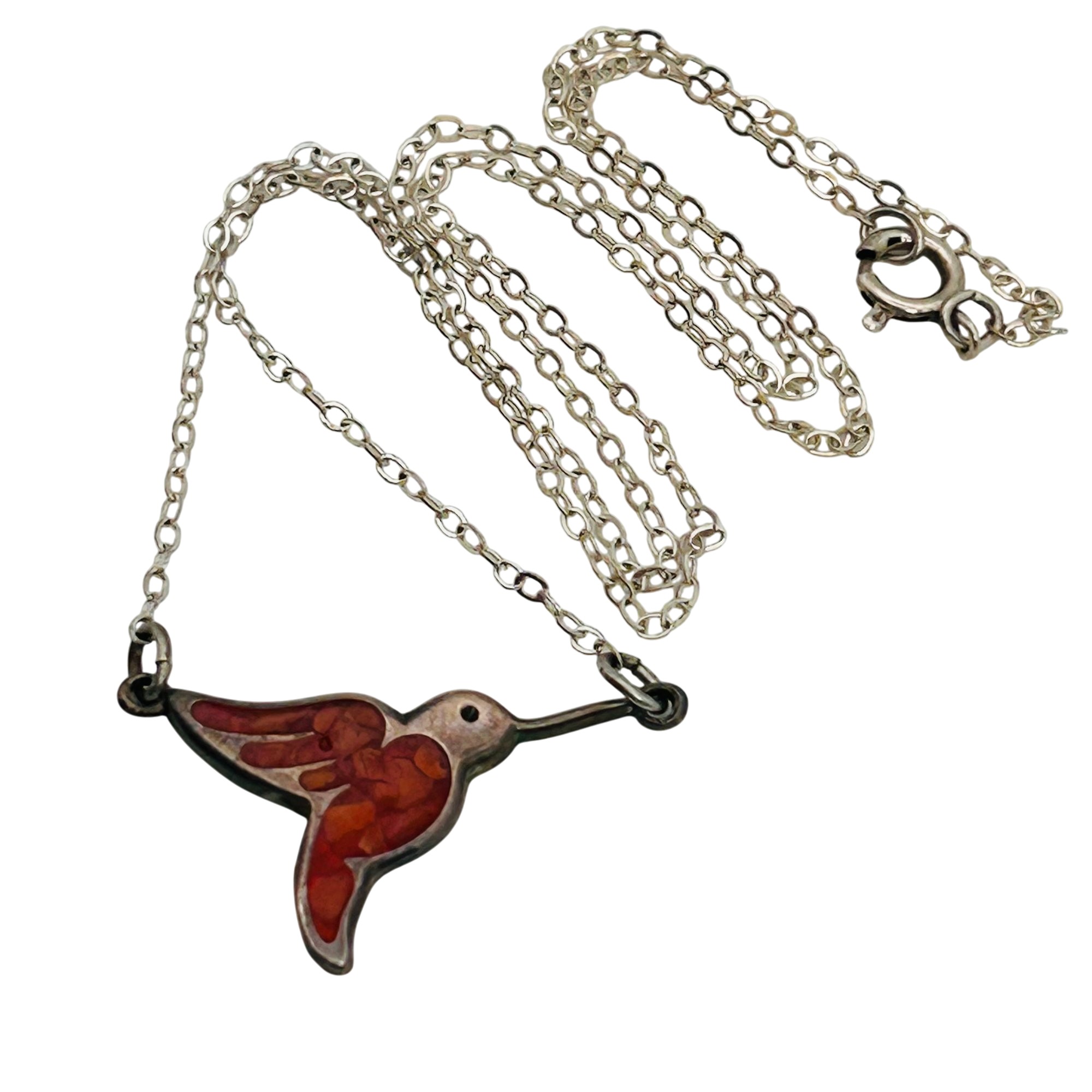 Southwest Sterling Crushed Coral Hummingbird Necklace