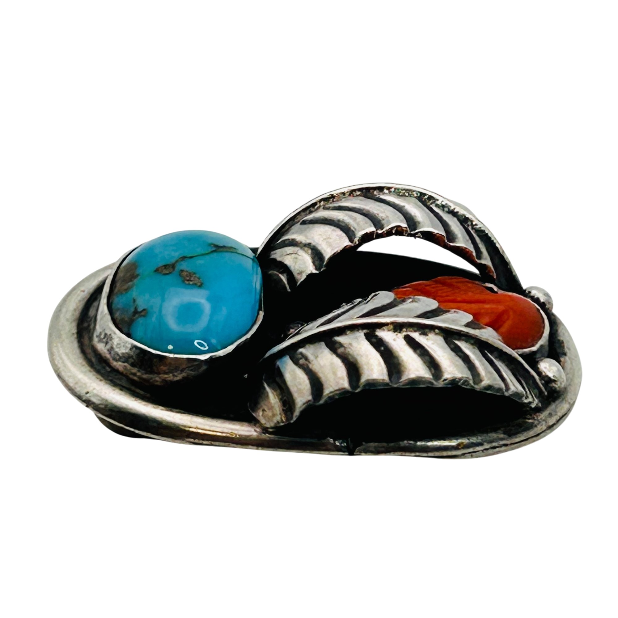 Signed Navajo Turquoise Coral Sterling Pendant