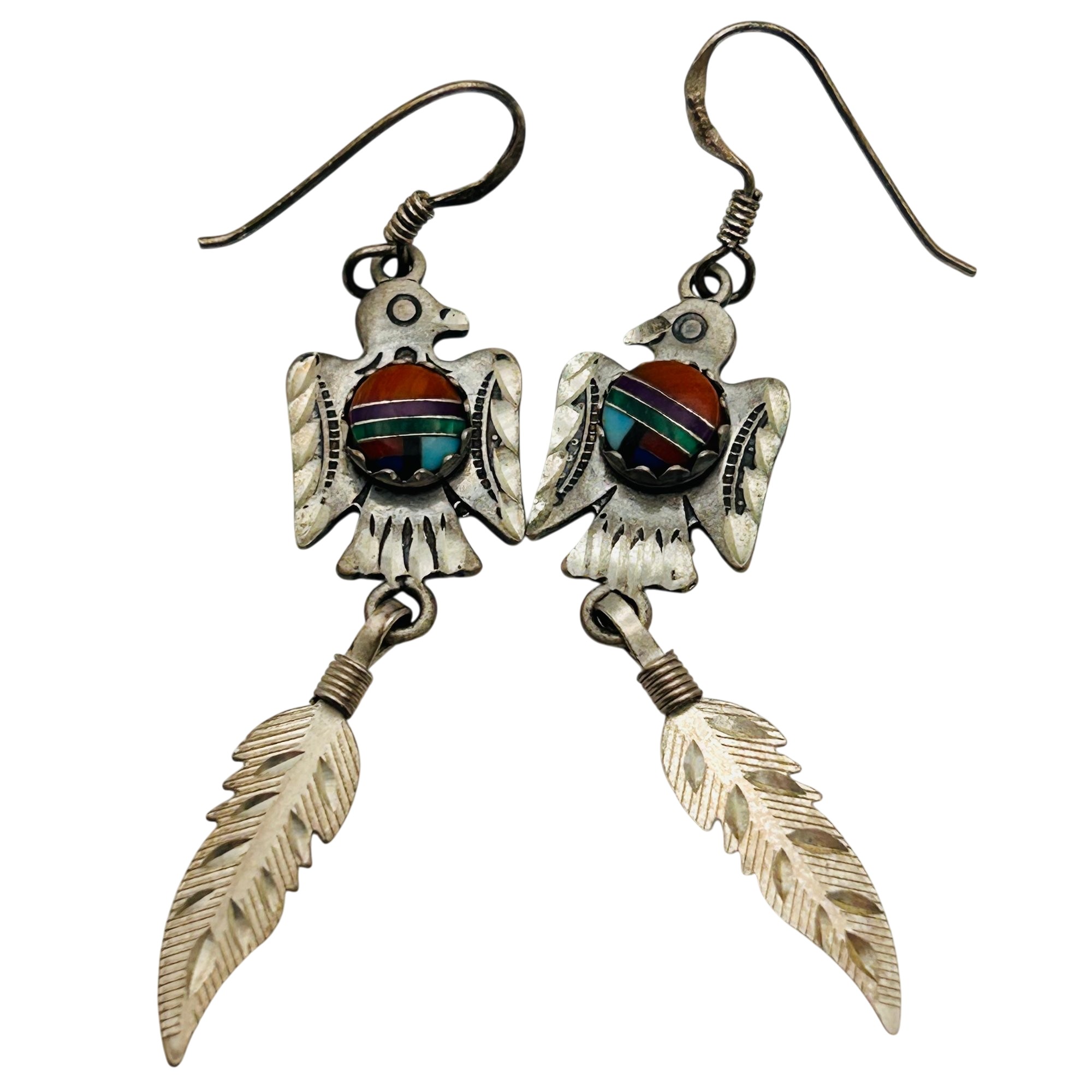 Navajo Sterling Inlay Stone Thunderbird Earrings