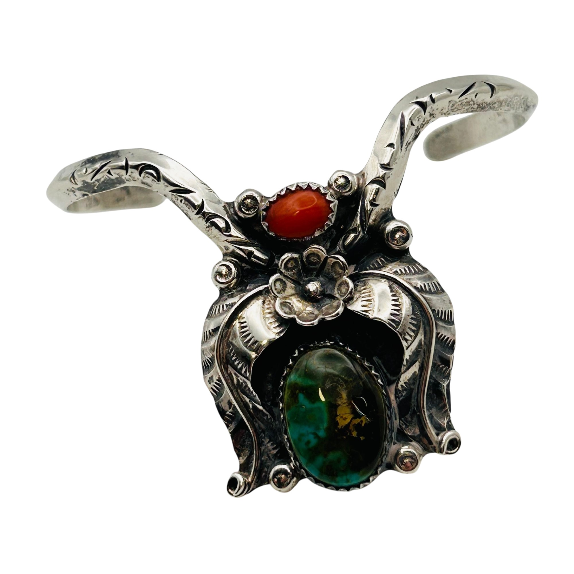 Navajo Sterling Turquoise Coral Cuff Bracelet
