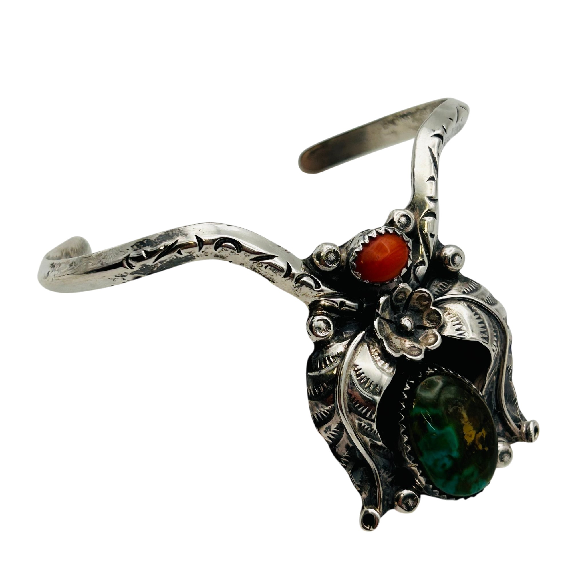 Navajo Sterling Turquoise Coral Cuff Bracelet
