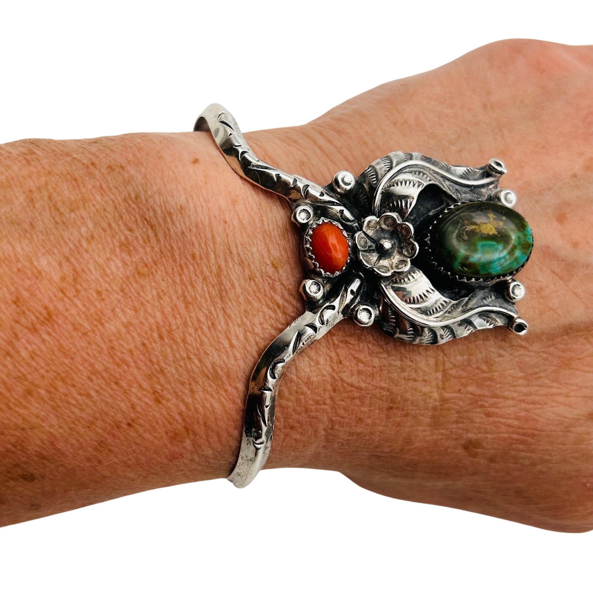 Navajo Sterling Turquoise Coral Cuff Bracelet