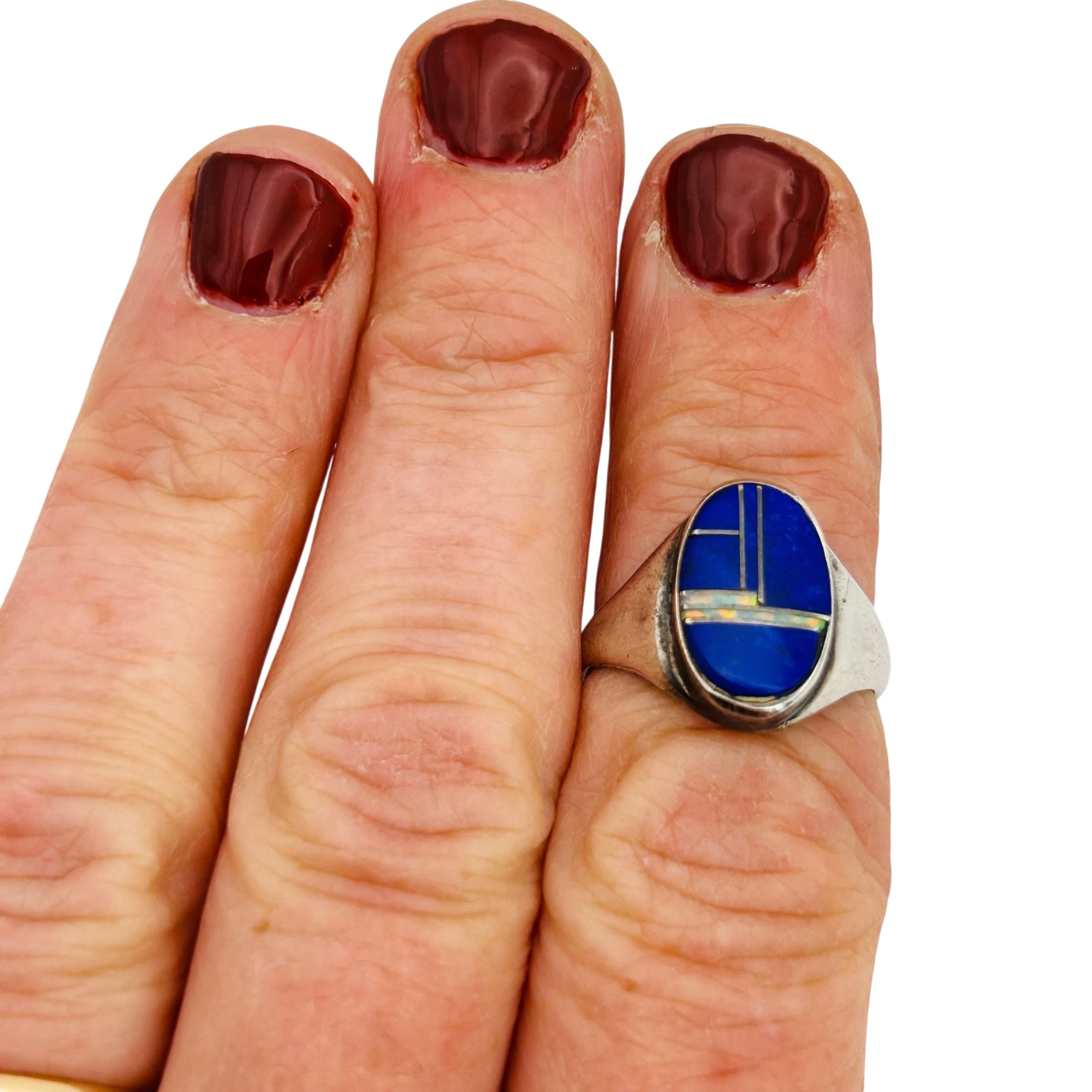 Native Sterling Inlay Opal Lapis Lazuli Ring Sz 6