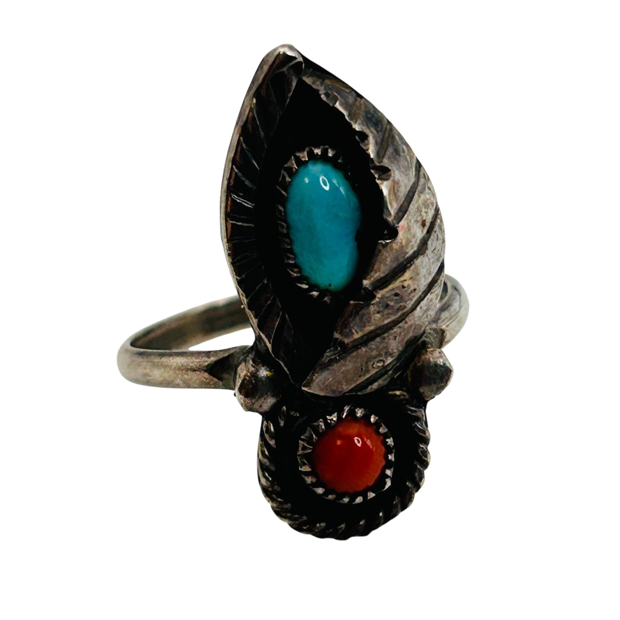 Navajo Sterling Turquoise And Coral Ring Sz 7
