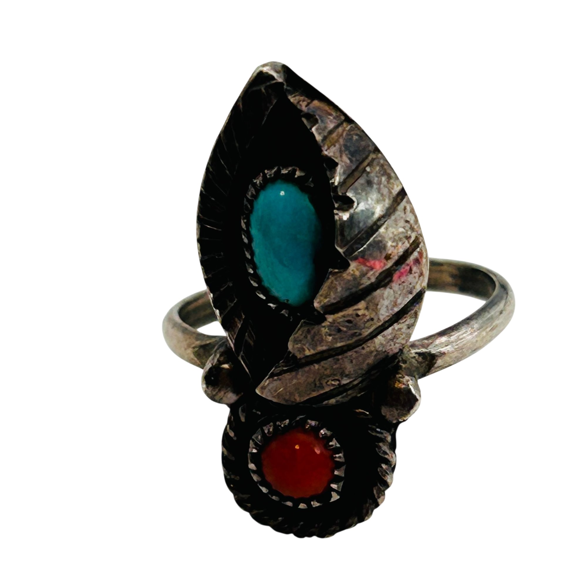Navajo Sterling Turquoise And Coral Ring Sz 7