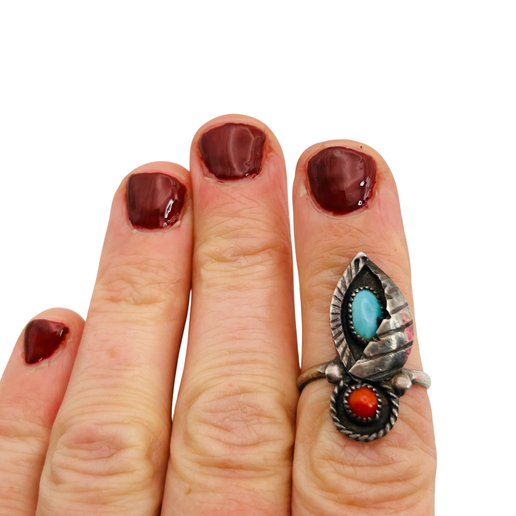 Navajo Sterling Turquoise And Coral Ring Sz 7