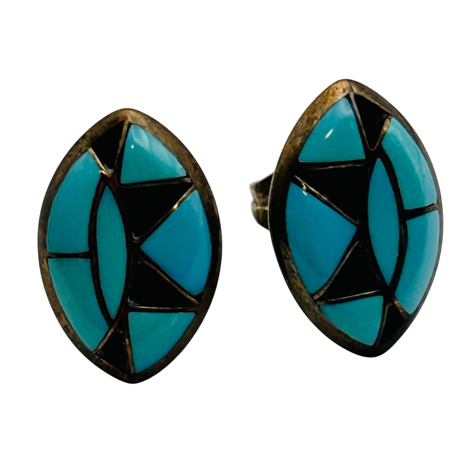Native Sterling Inlay Turquoise Onyx Earrings