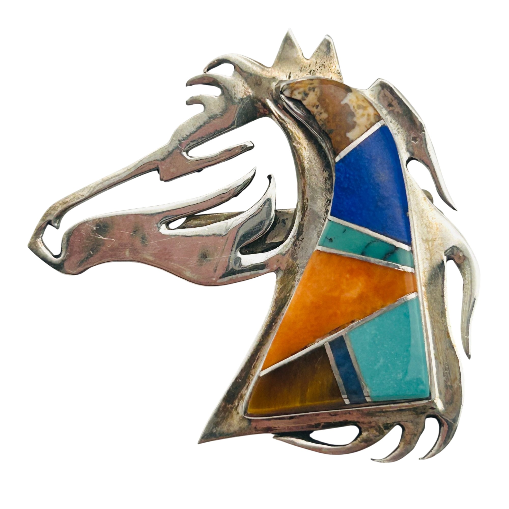 Jon Peters Navajo Sterling Inlay Stone Horse Brooch