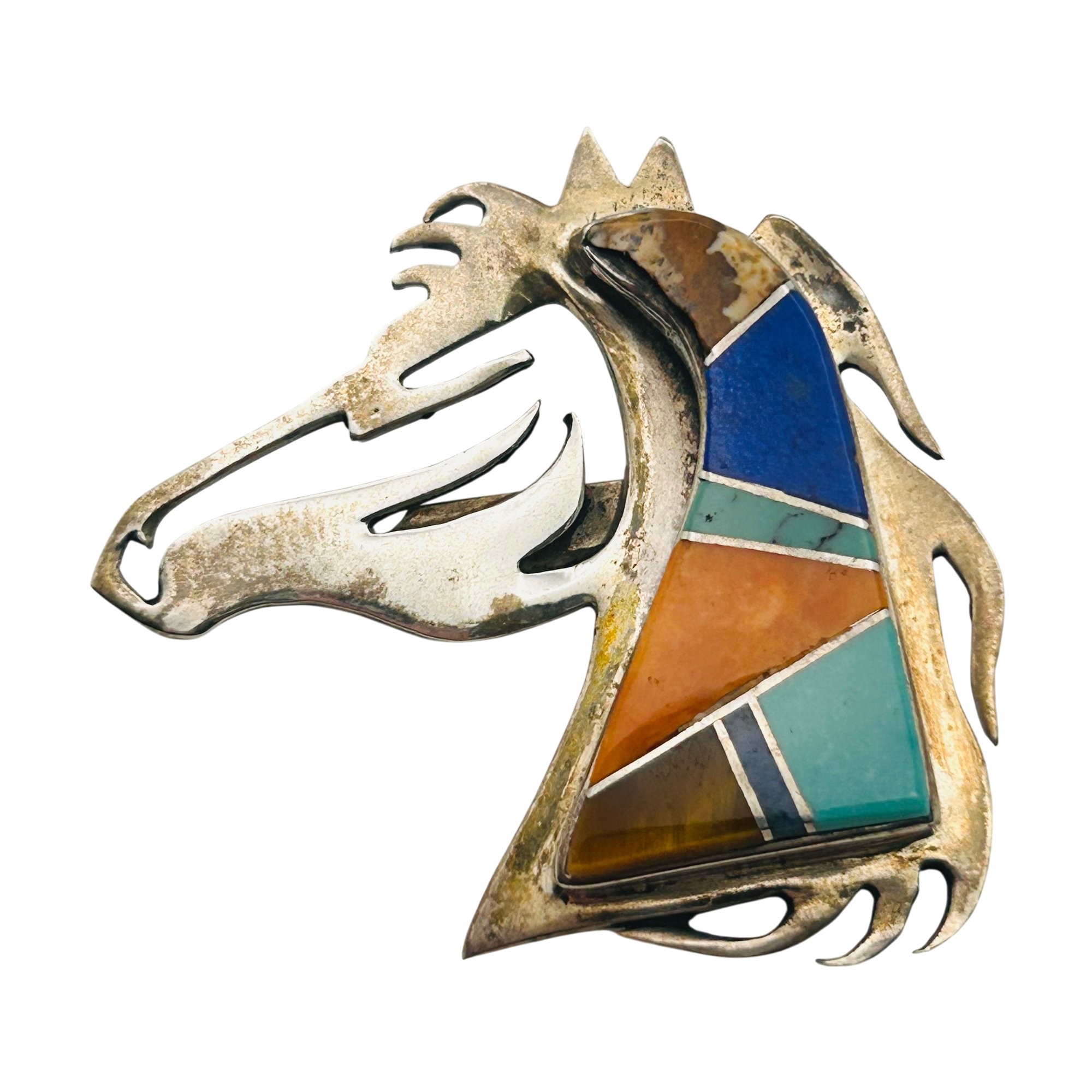 Jon Peters Navajo Sterling Inlay Stone Horse Brooch
