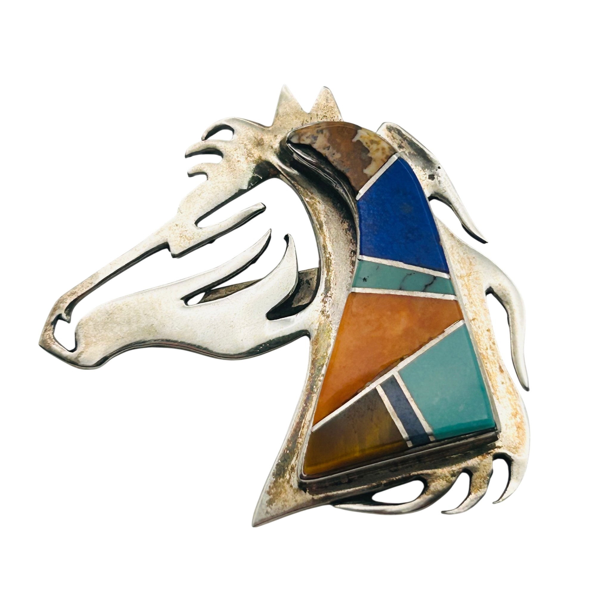 Jon Peters Navajo Sterling Inlay Stone Horse Brooch