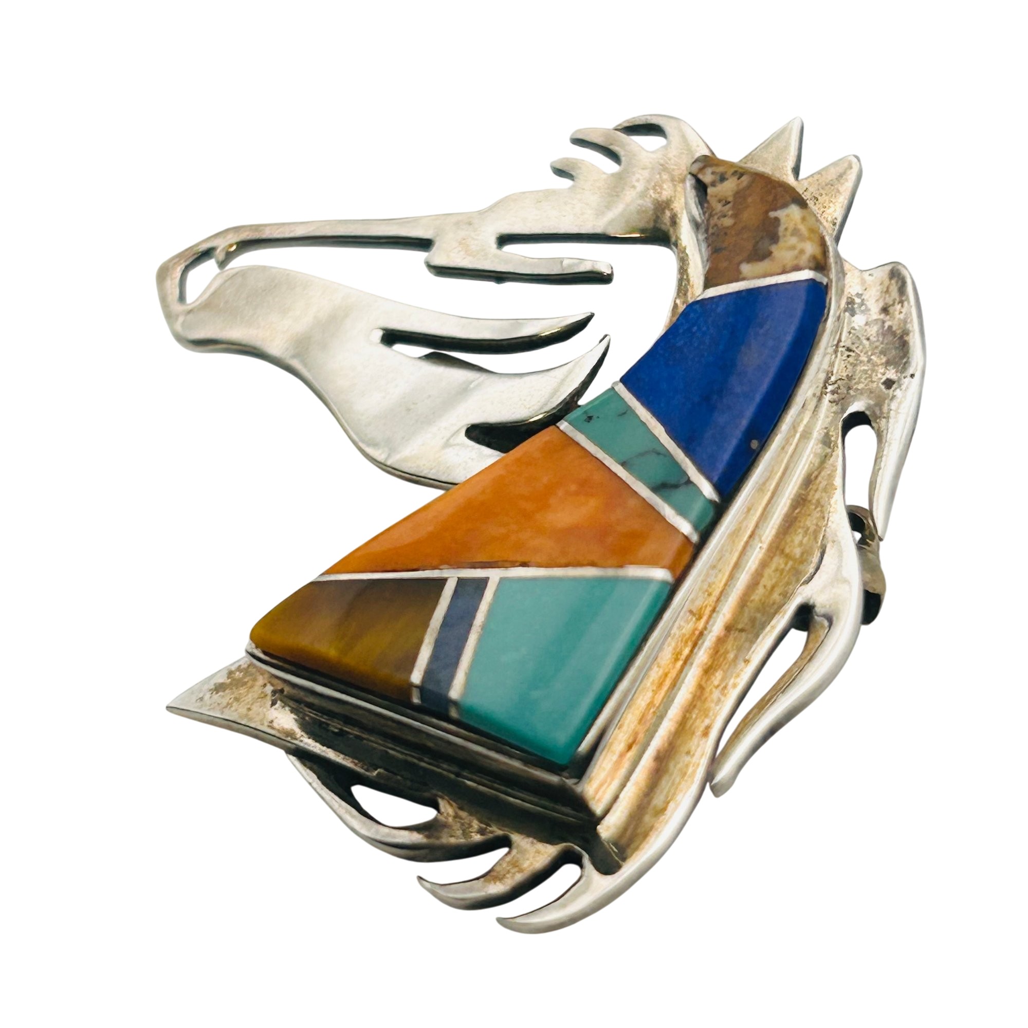 Jon Peters Navajo Sterling Inlay Stone Horse Brooch