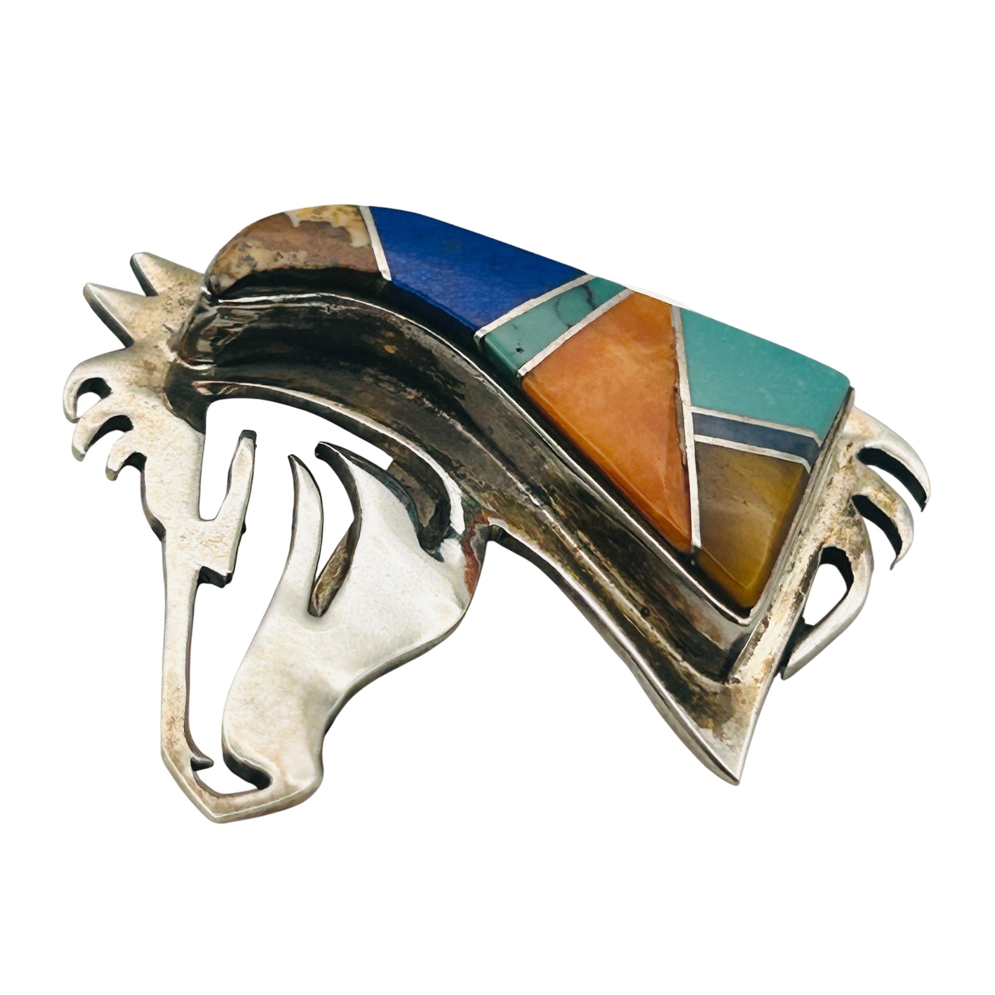 Jon Peters Navajo Sterling Inlay Stone Horse Brooch