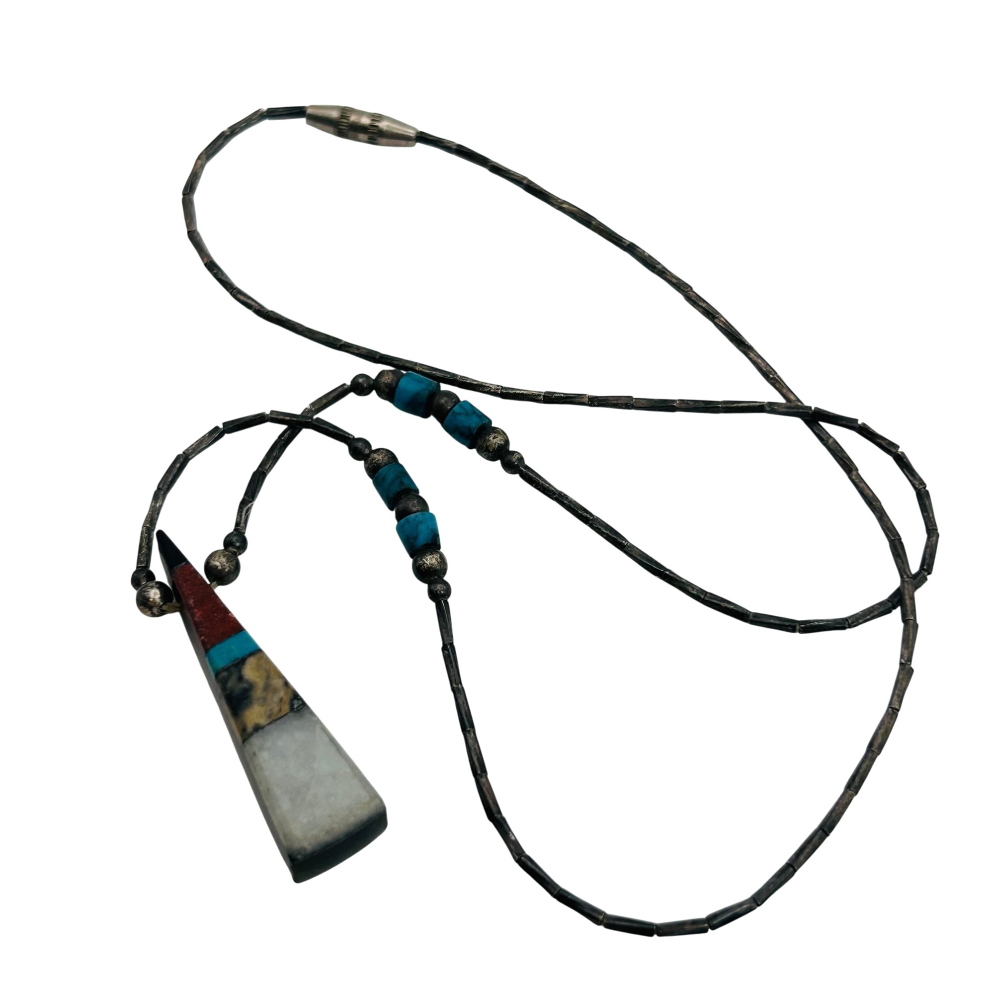 Vintage Southwest Inlay Stone Liquid Silver Necklace