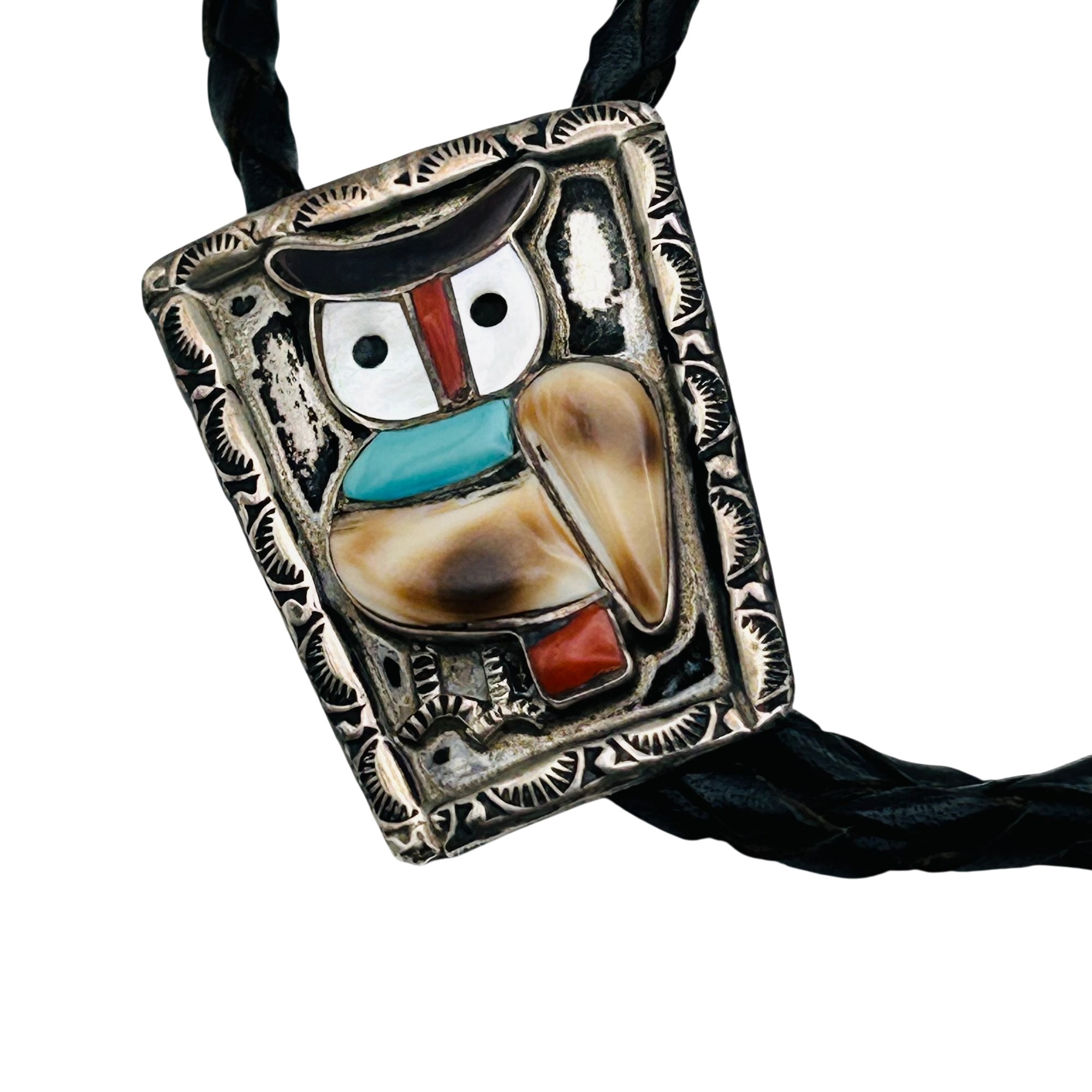 Signed Navajo Sterling Inlay Multi-Stone Owl Bolo Tie