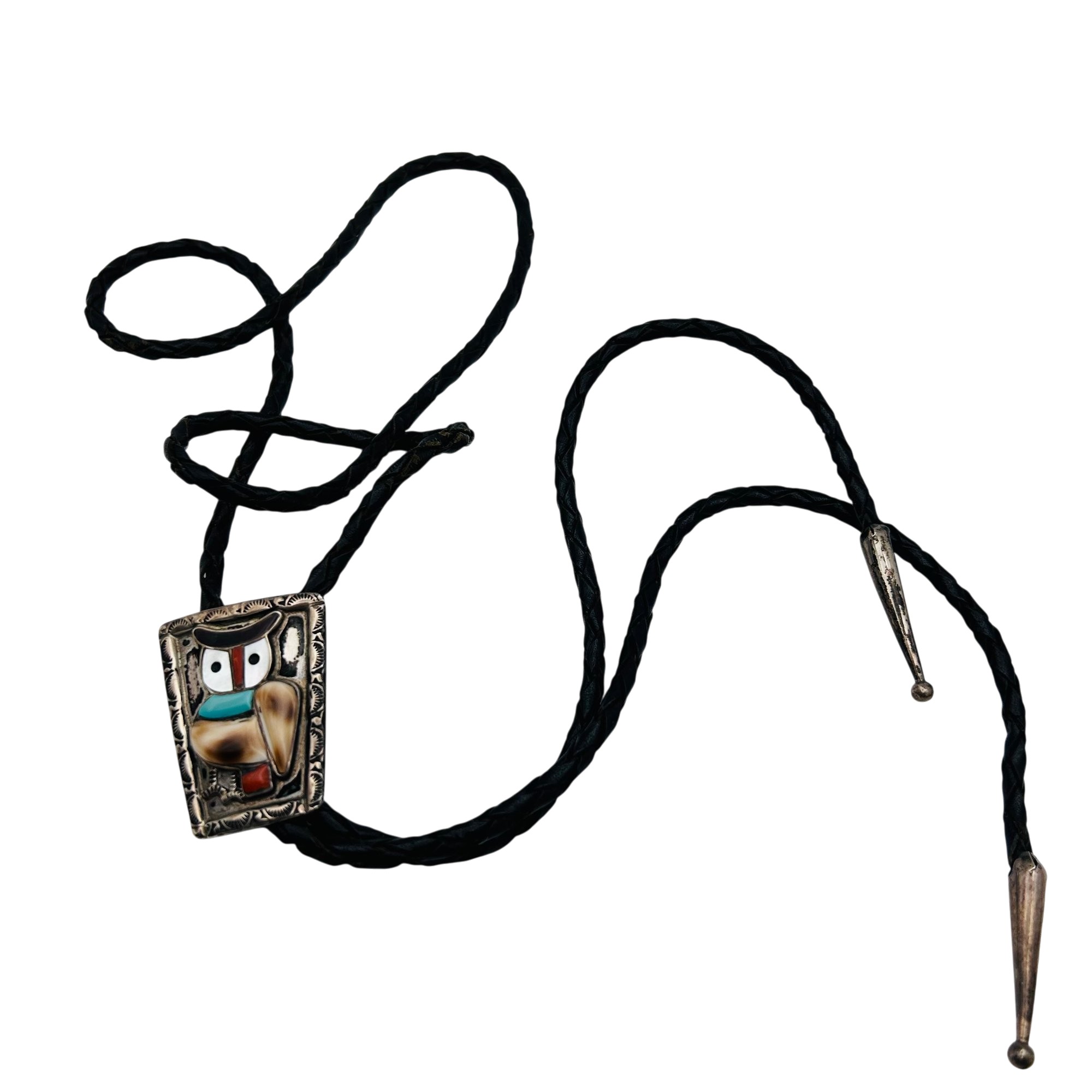 Signed Navajo Sterling Inlay Multi-Stone Owl Bolo Tie