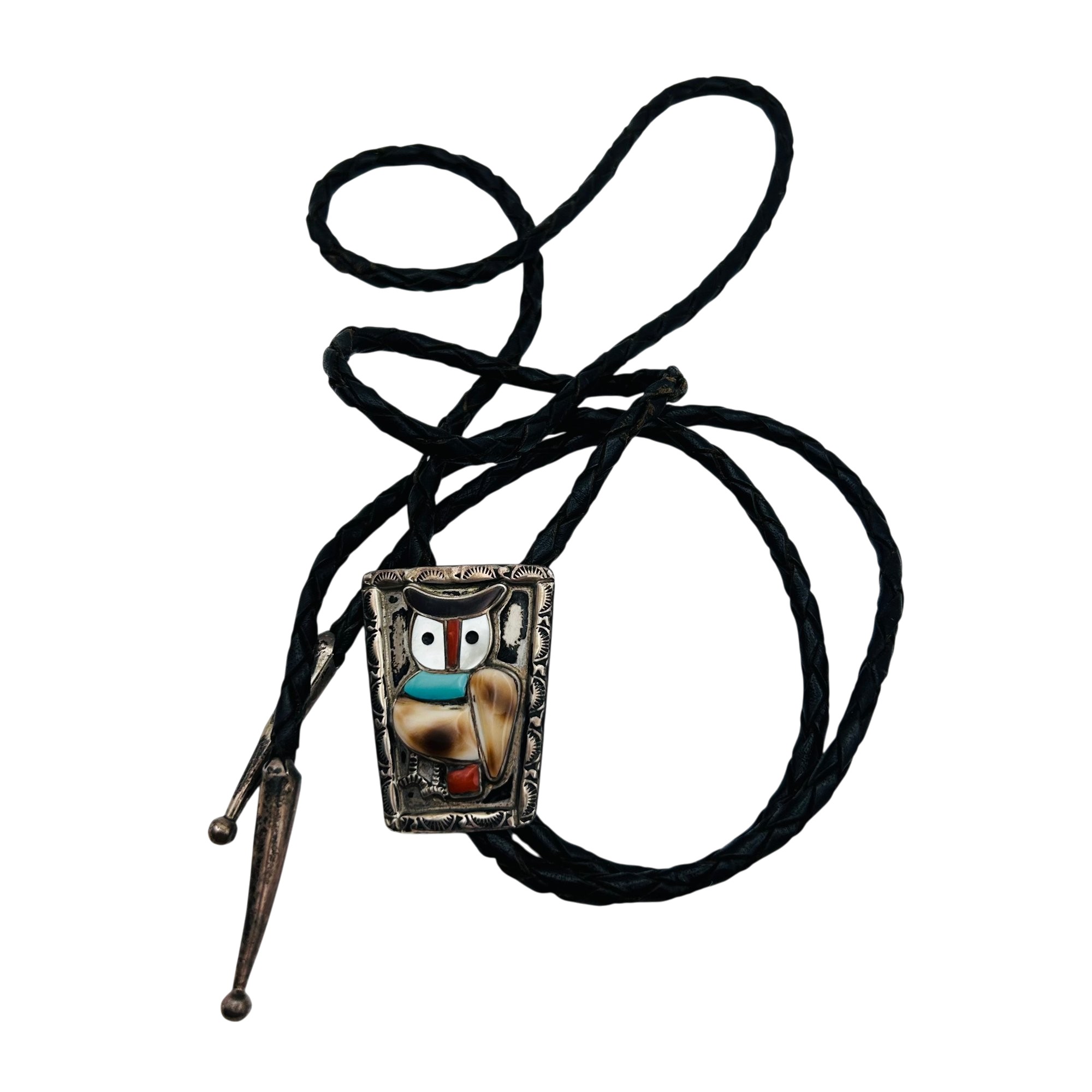 Signed Navajo Sterling Inlay Multi-Stone Owl Bolo Tie