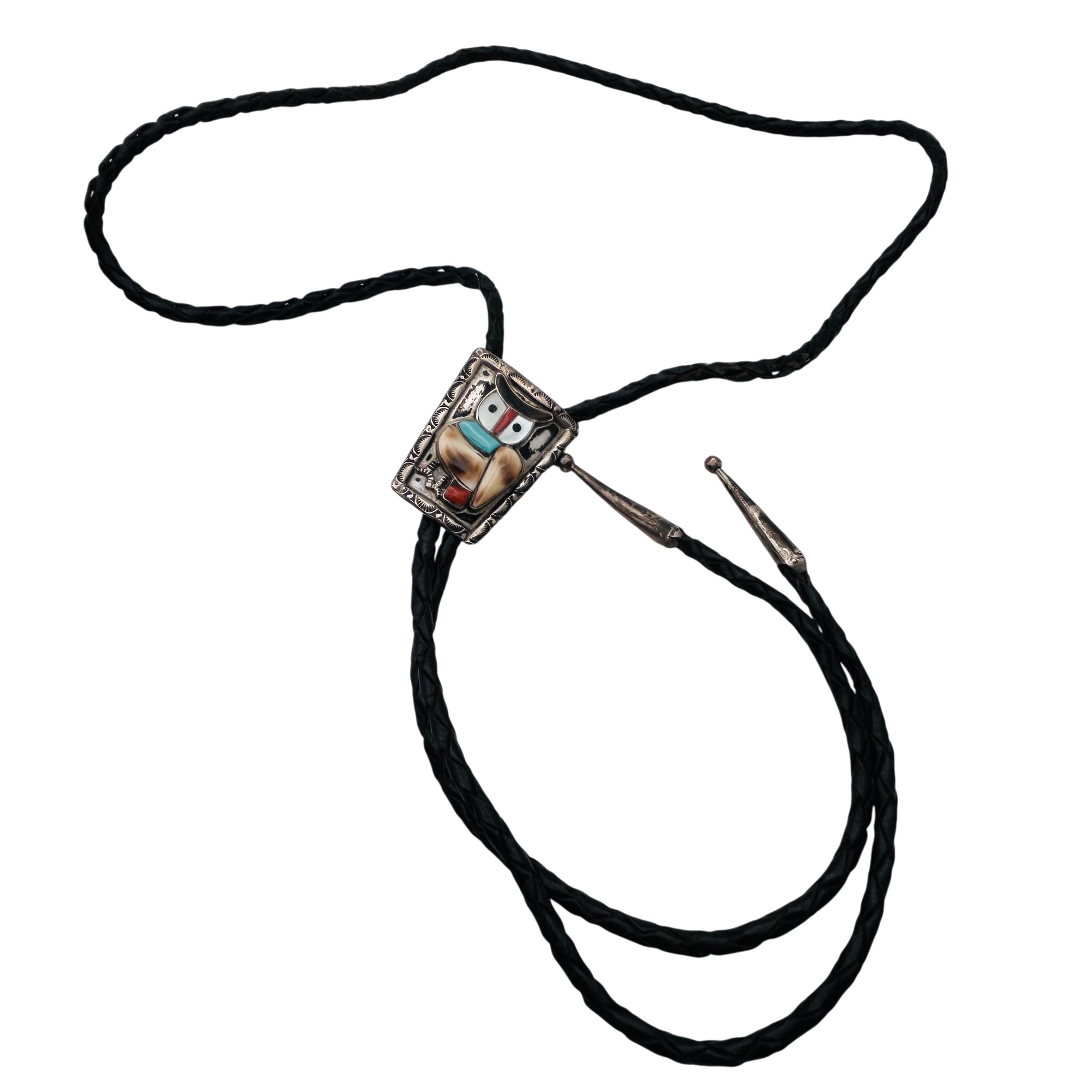 Signed Navajo Sterling Inlay Multi-Stone Owl Bolo Tie