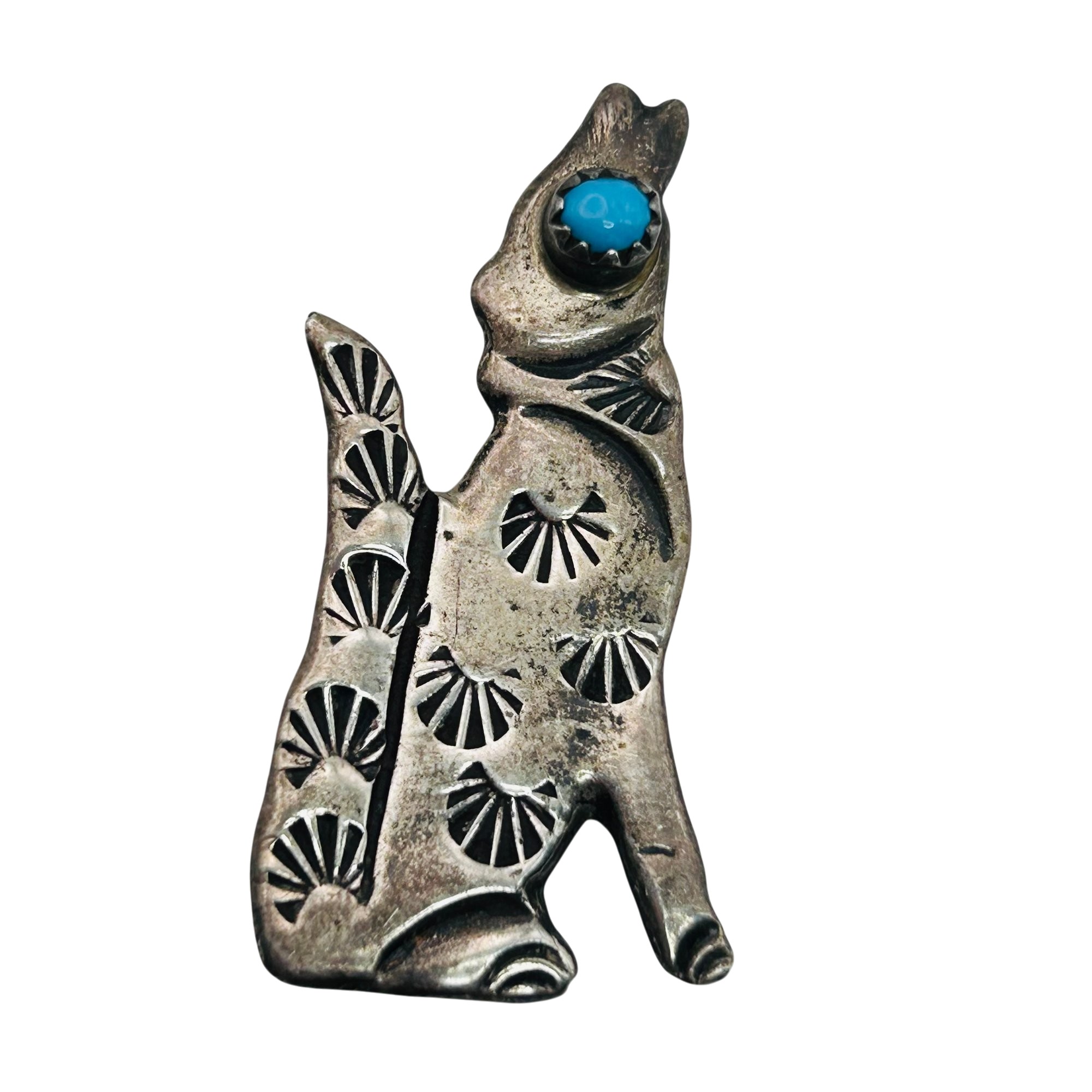 Navajo Sterling Turquoise Wolf Brooch