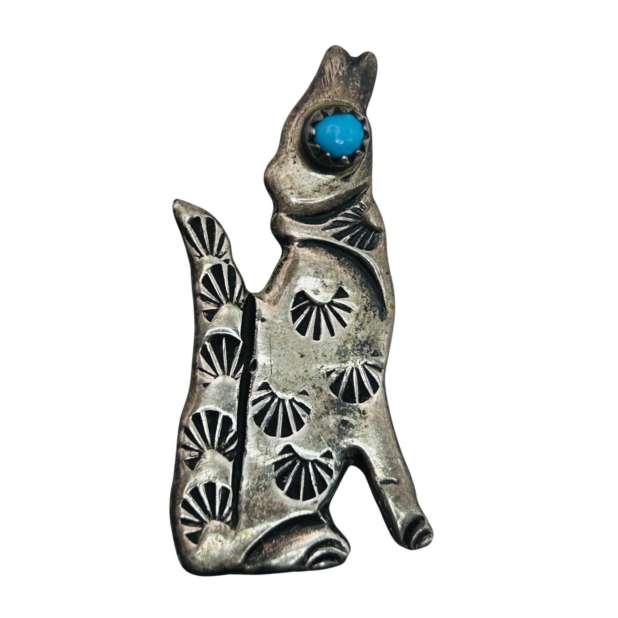 Navajo Sterling Turquoise Wolf Brooch