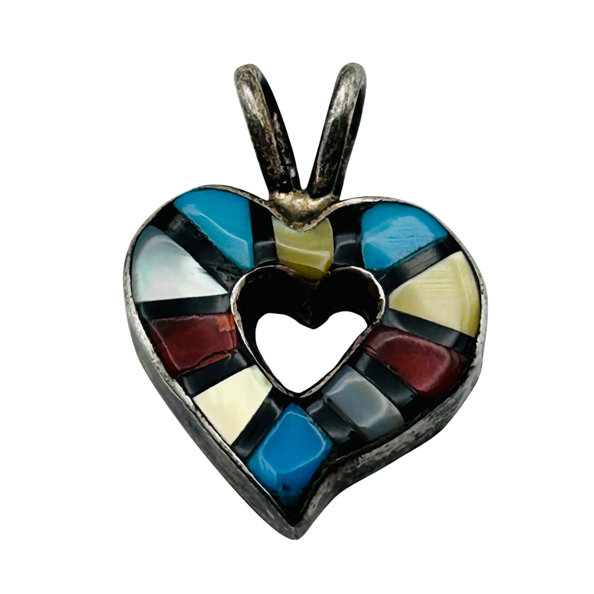 Zuni Sterling Inlay Stone Heart Pendant