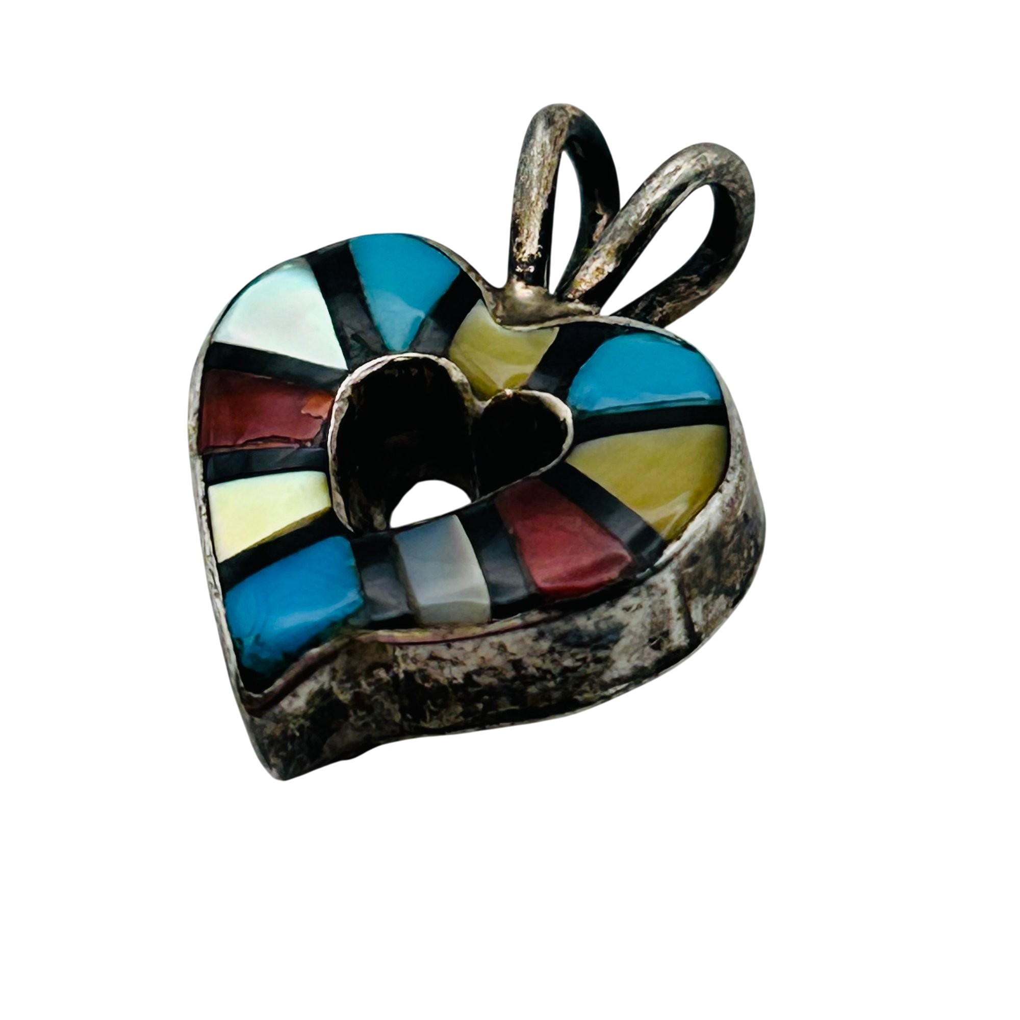 Zuni Sterling Inlay Stone Heart Pendant