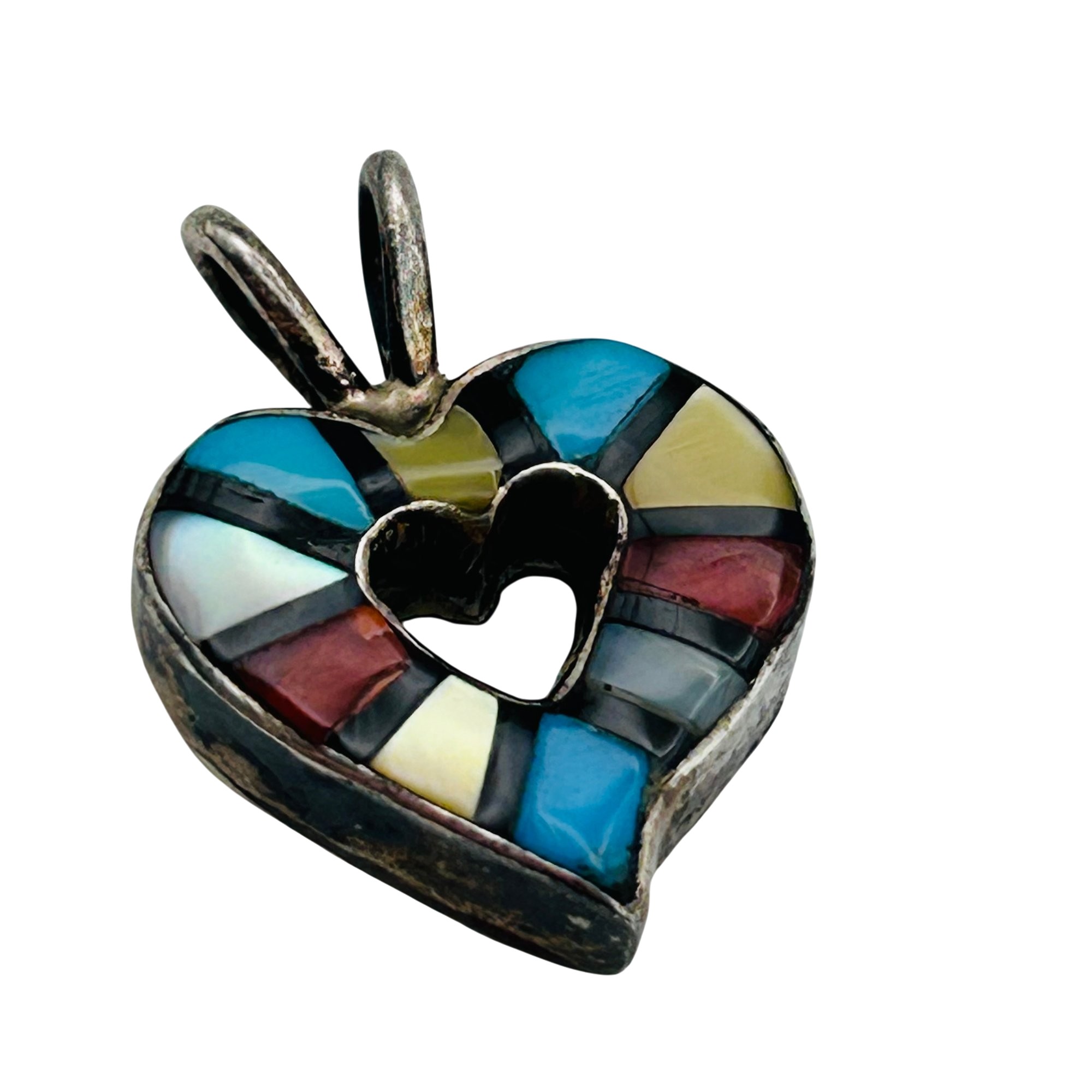 Zuni Sterling Inlay Stone Heart Pendant