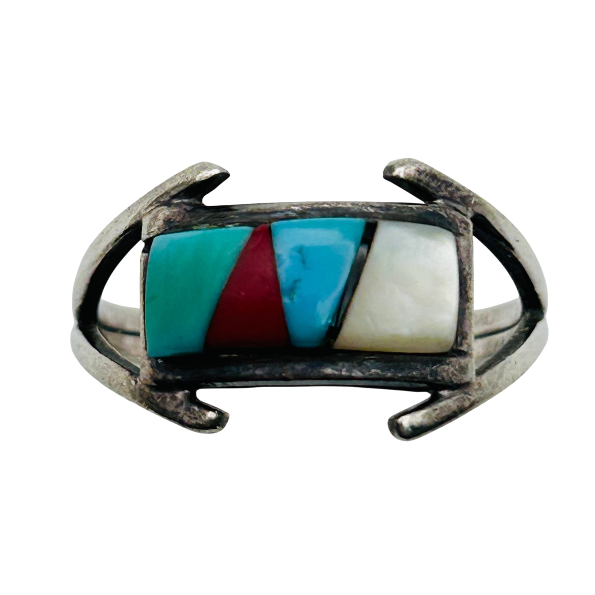 Signed Zuni Sterling Inlay Multi-Stone Ring Sz 7