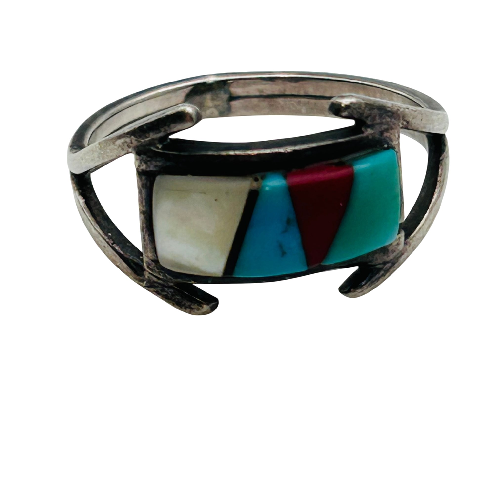 Signed Zuni Sterling Inlay Multi-Stone Ring Sz 7