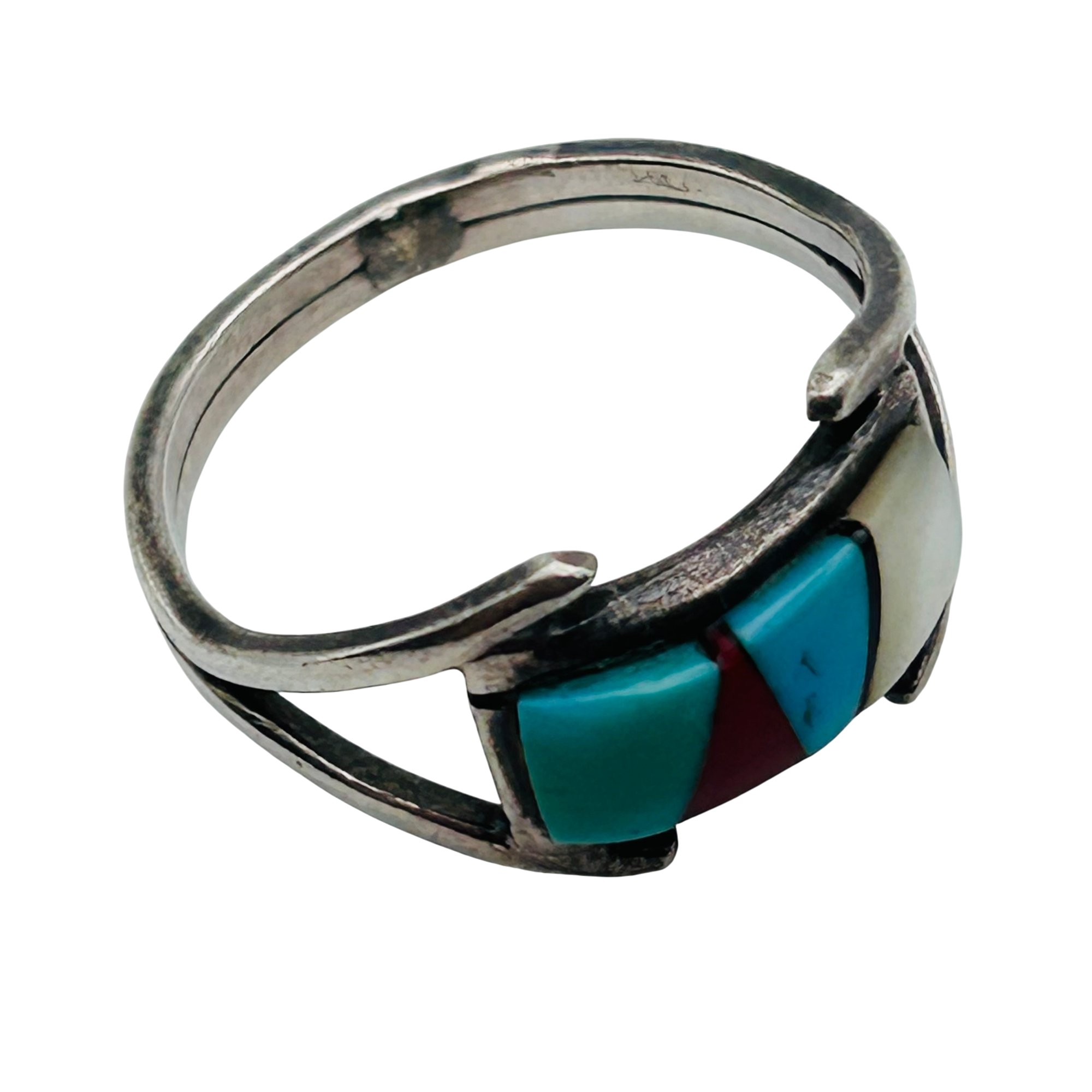 Signed Zuni Sterling Inlay Multi-Stone Ring Sz 7