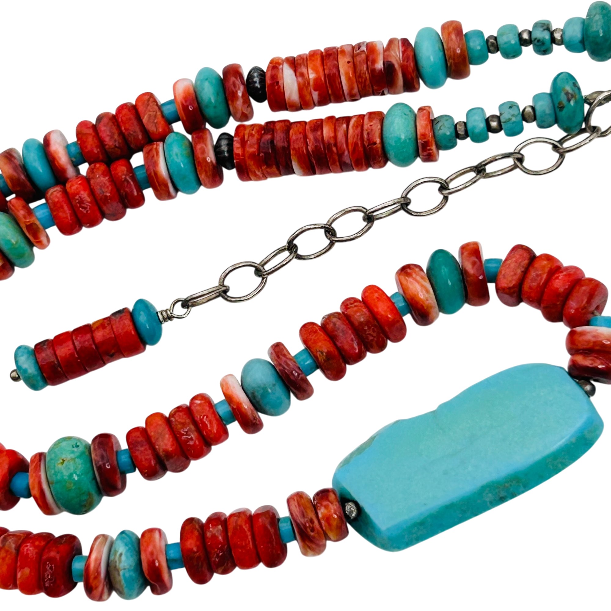 Southwest Sterling Turquoise And Coral Bead Necklace