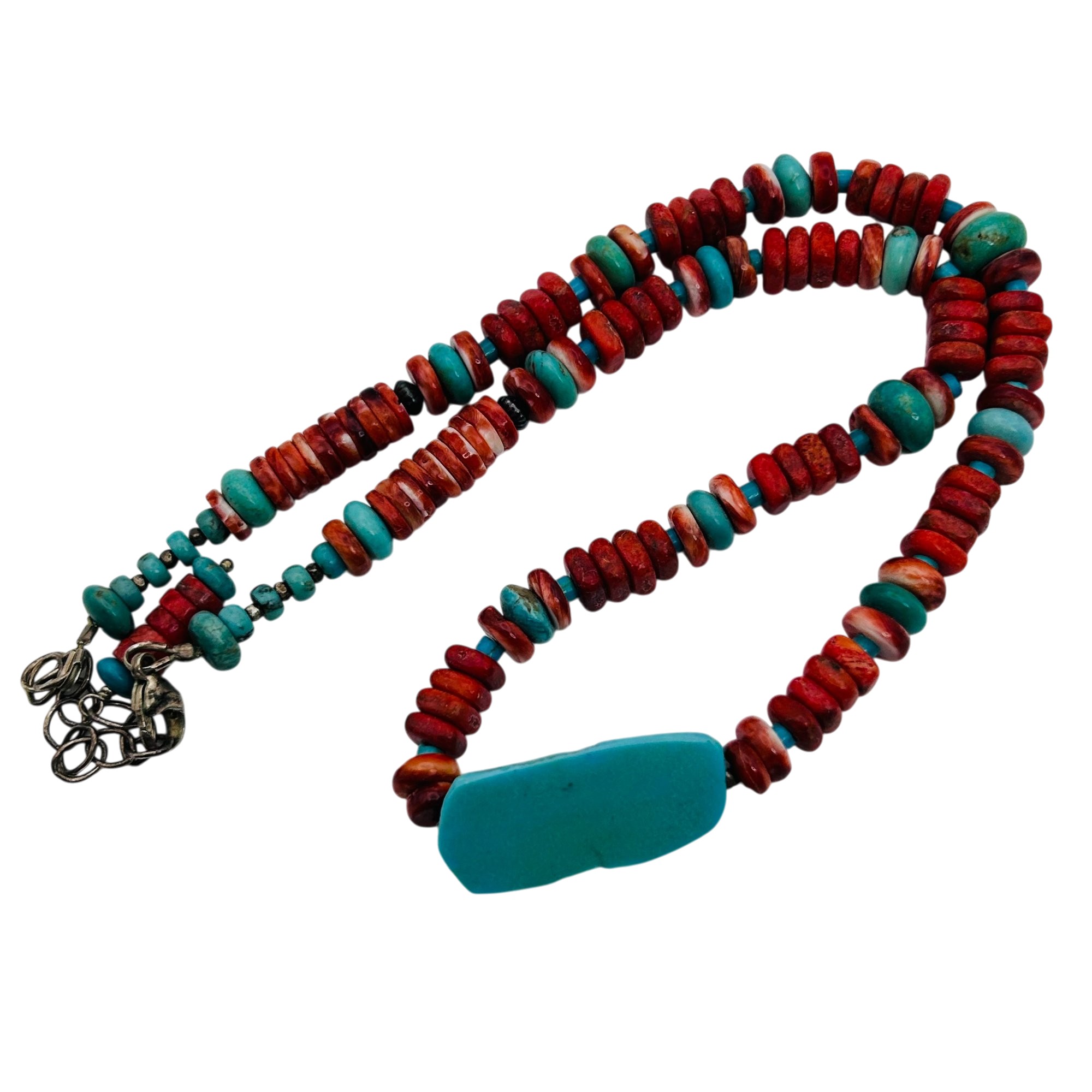 Southwest Sterling Turquoise And Coral Bead Necklace