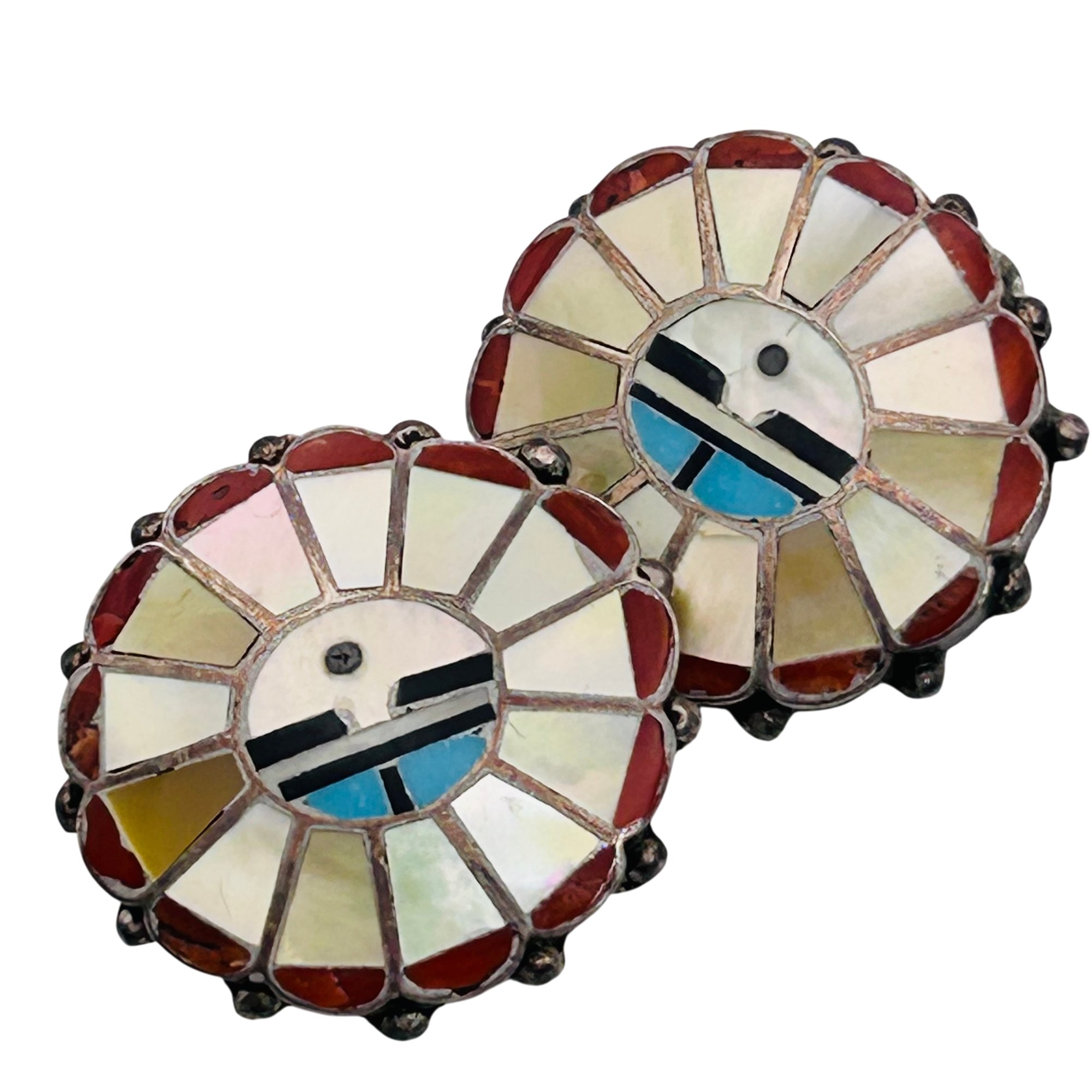 Signed Vintage Zuni Inlay Clip On Earrings