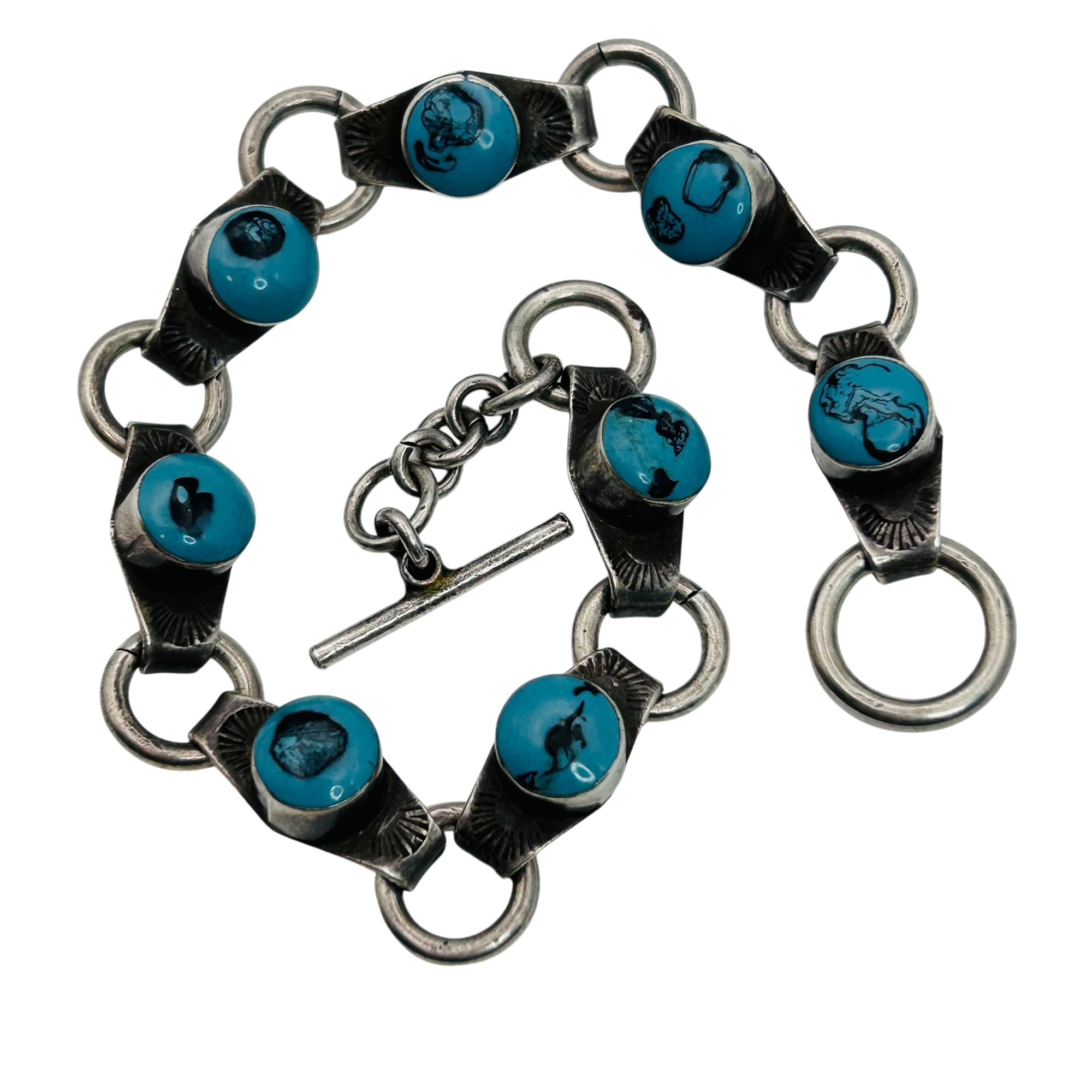 Vintage Southwest Blue Stone Sterling Linked Bracelet