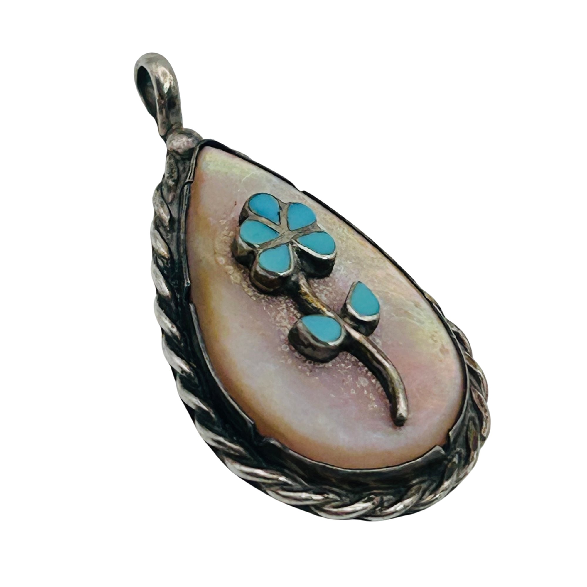 Signed Zuni Sterling Turquoise Flower Pendant