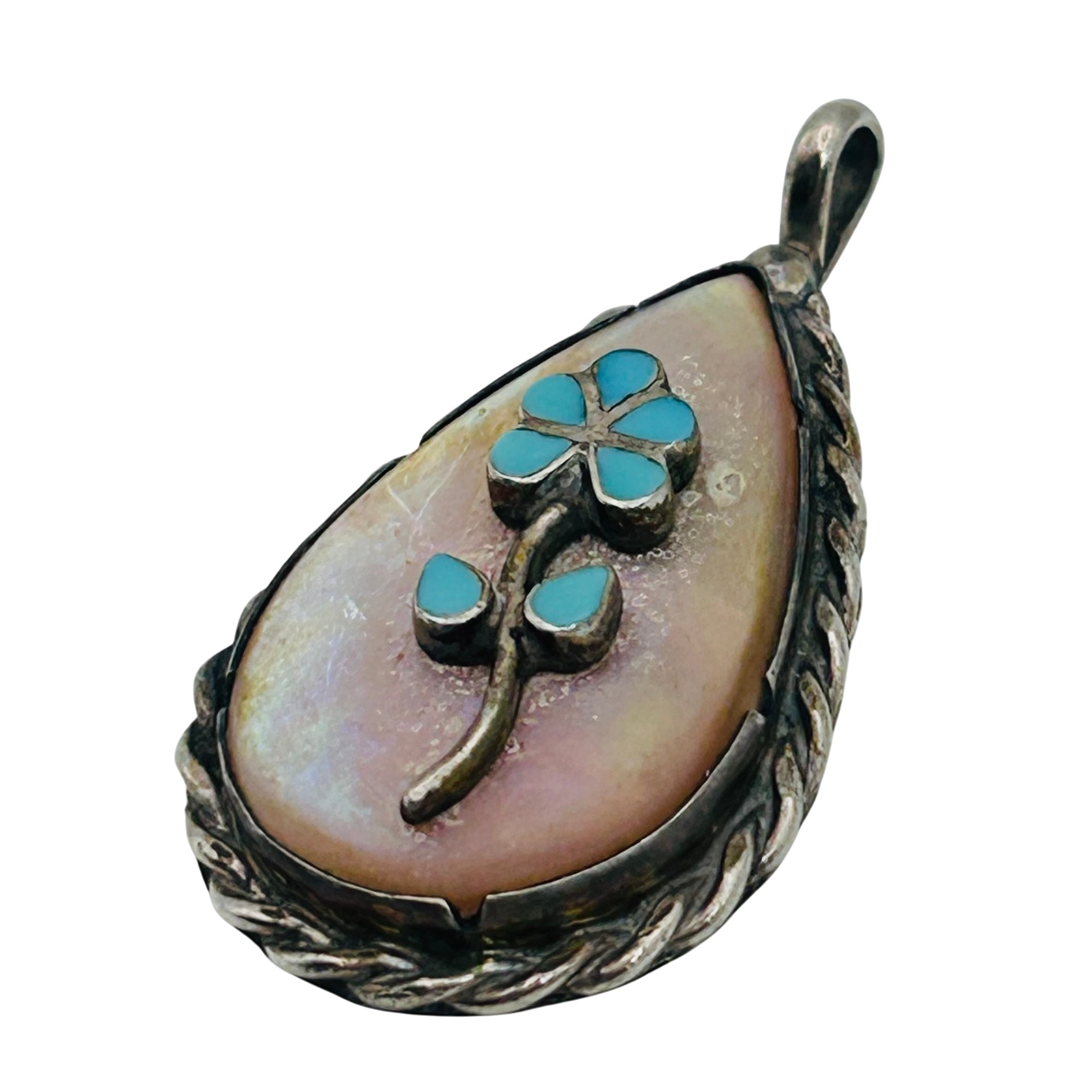 Signed Zuni Sterling Turquoise Flower Pendant