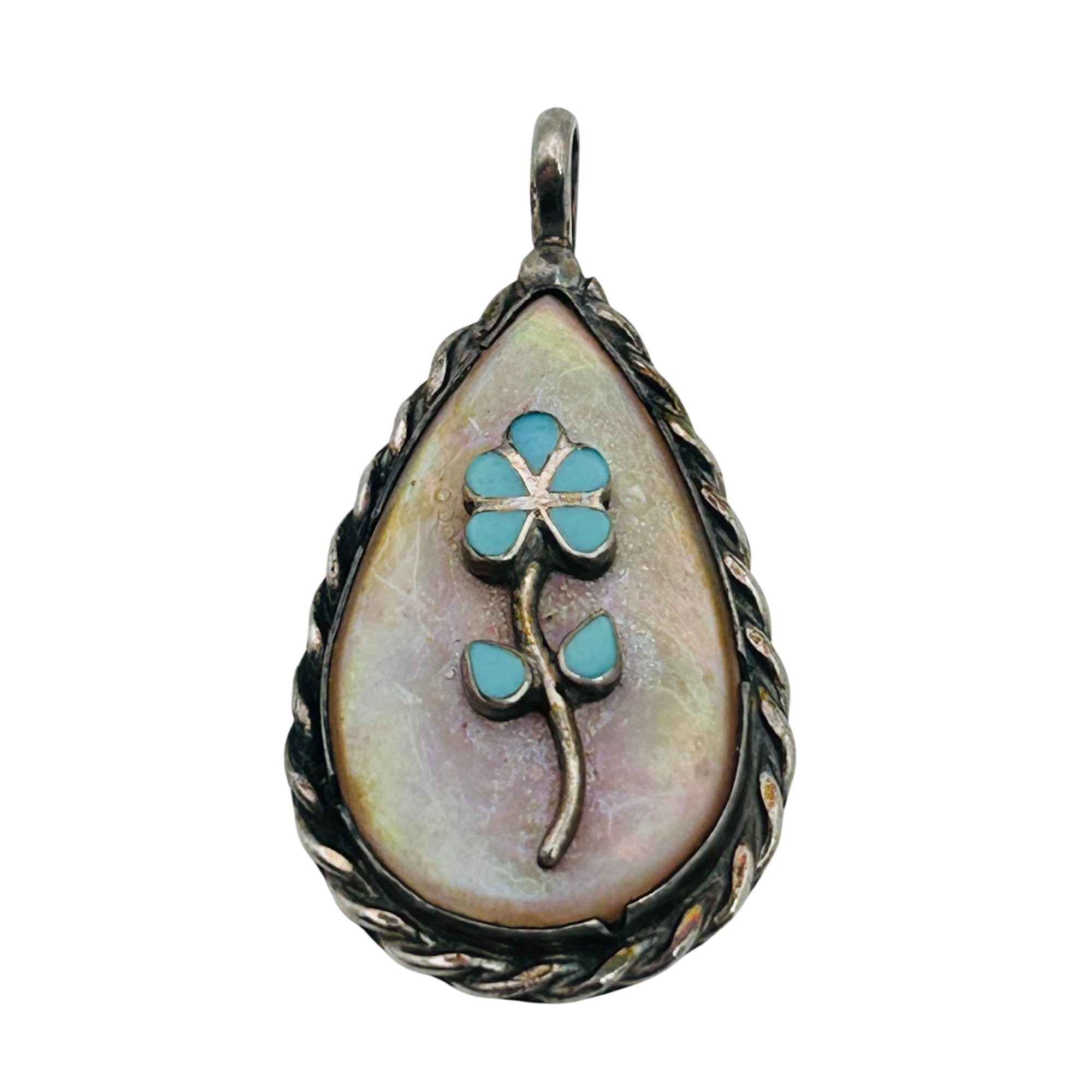 Signed Zuni Sterling Turquoise Flower Pendant