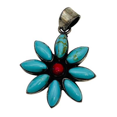 Southwest Sterling Turquoise Coral Flower Pendant 5.2g