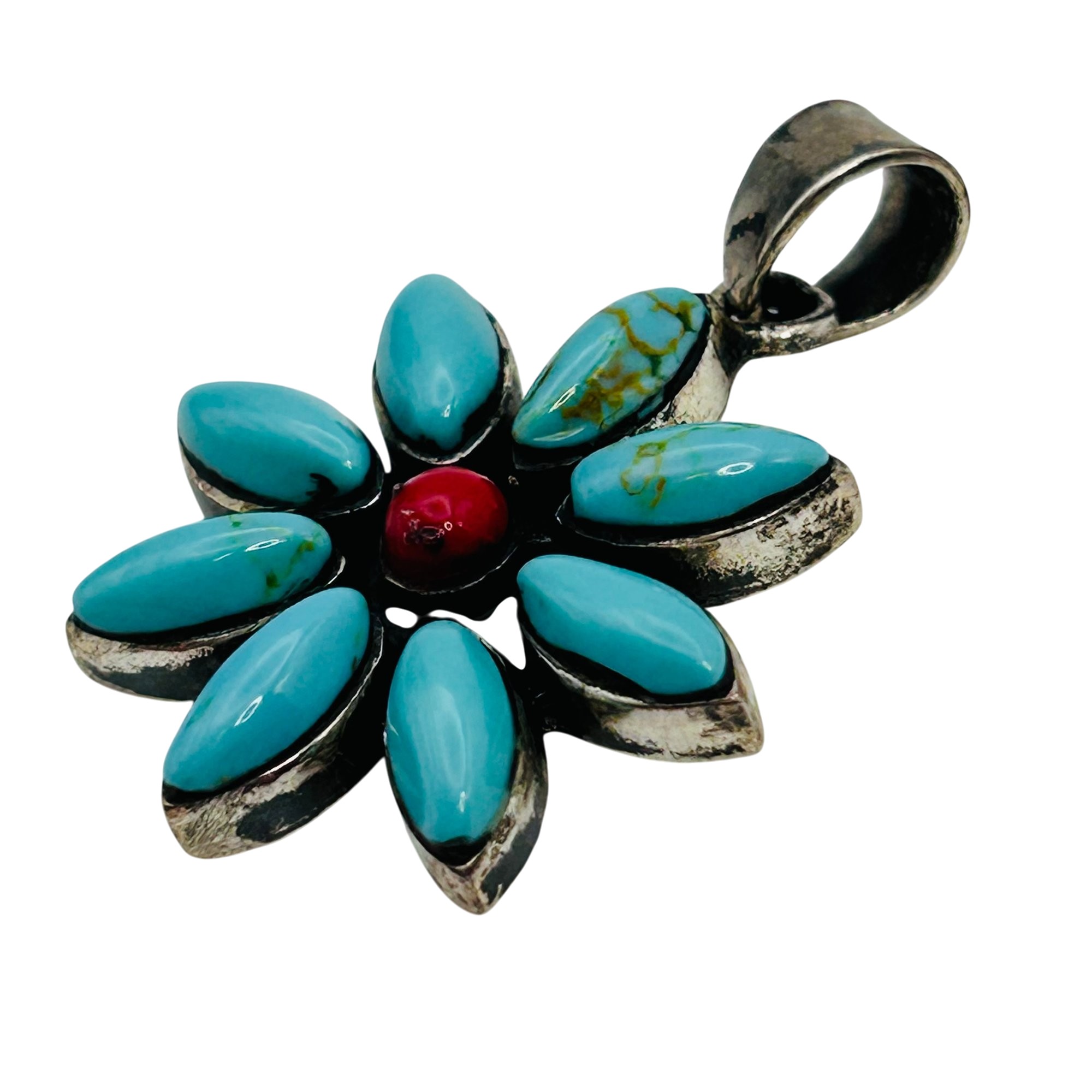 Southwest Sterling Turquoise Coral Flower Pendant