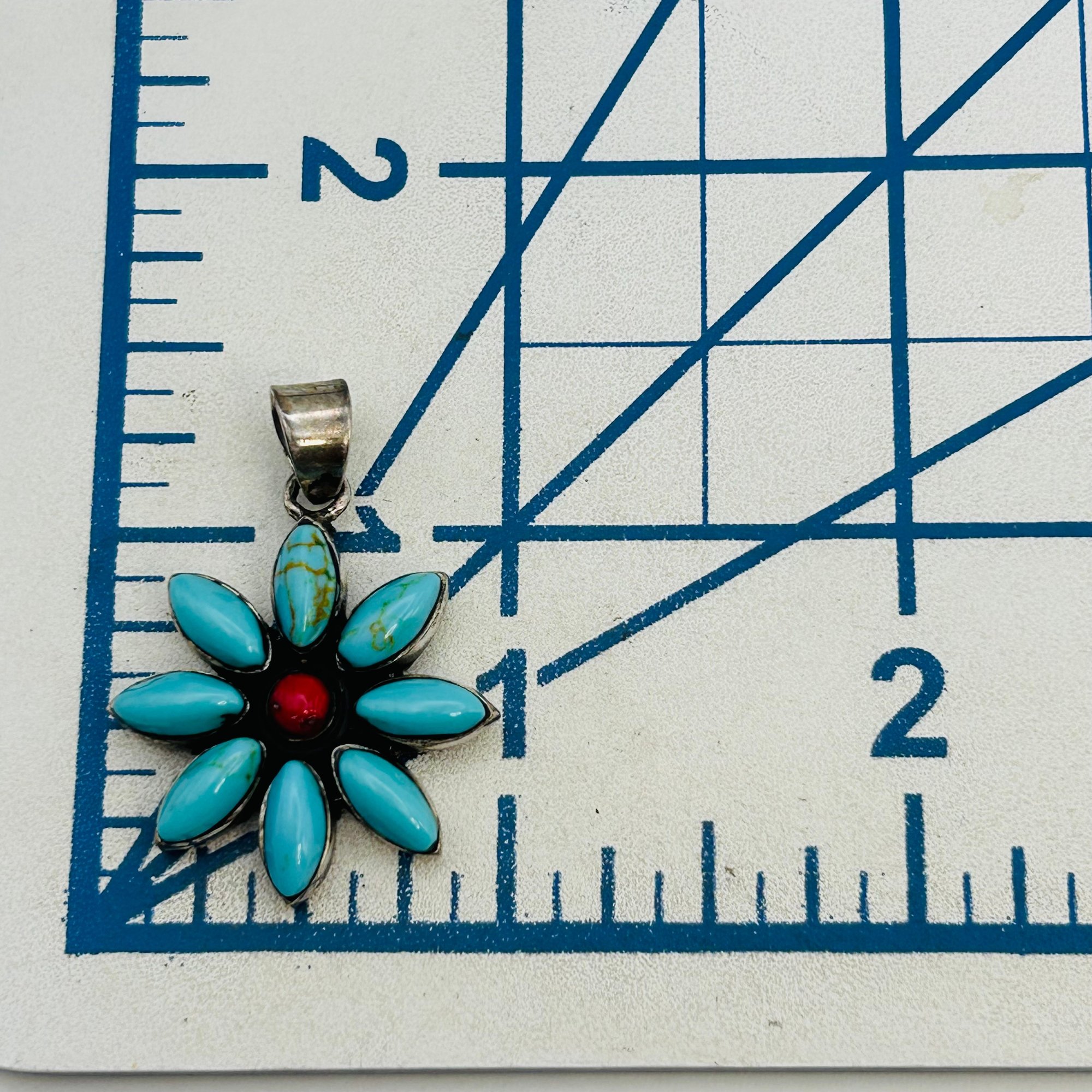 Southwest Sterling Turquoise Coral Flower Pendant