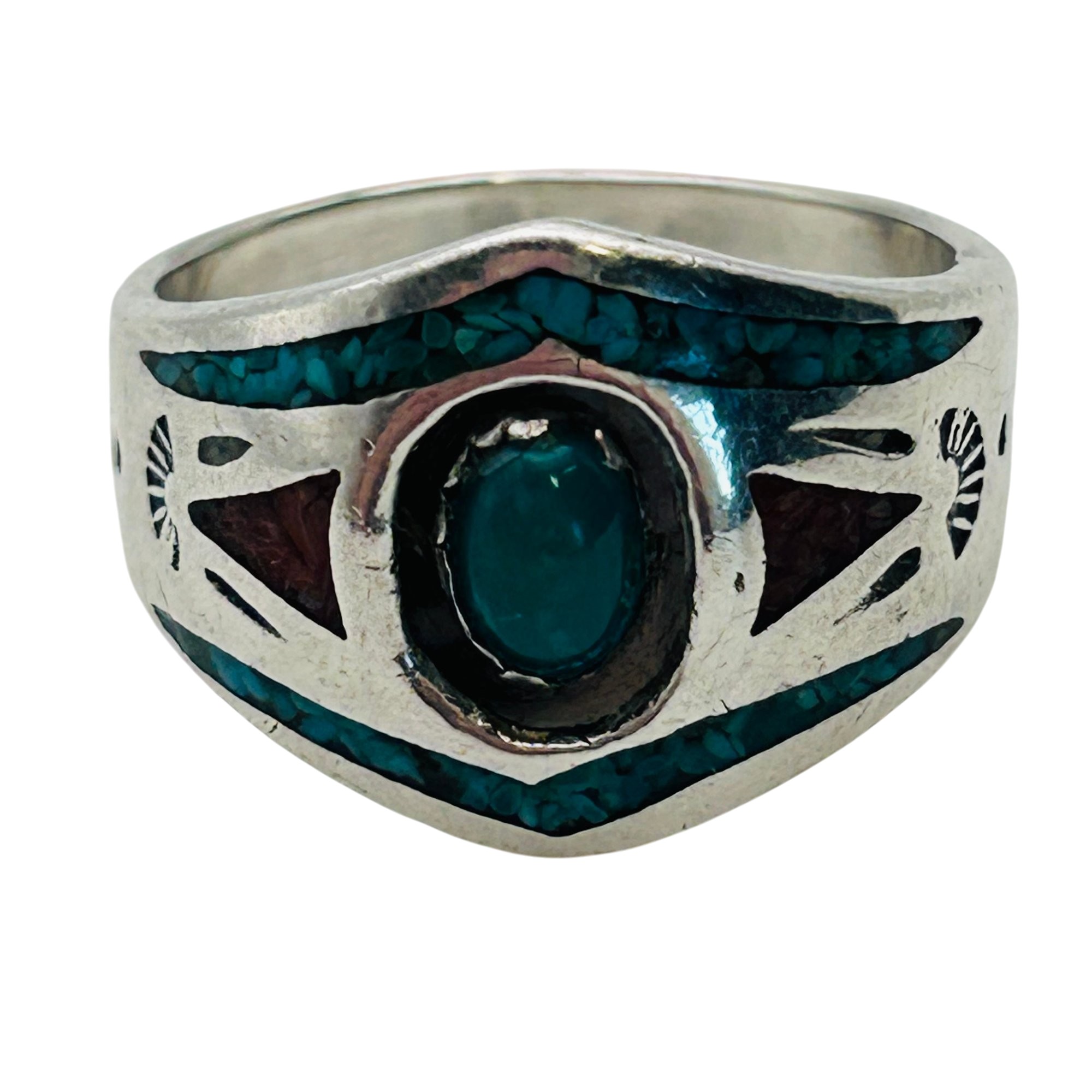 Signed Native Sterling Crushed Stone Ring Sz 7