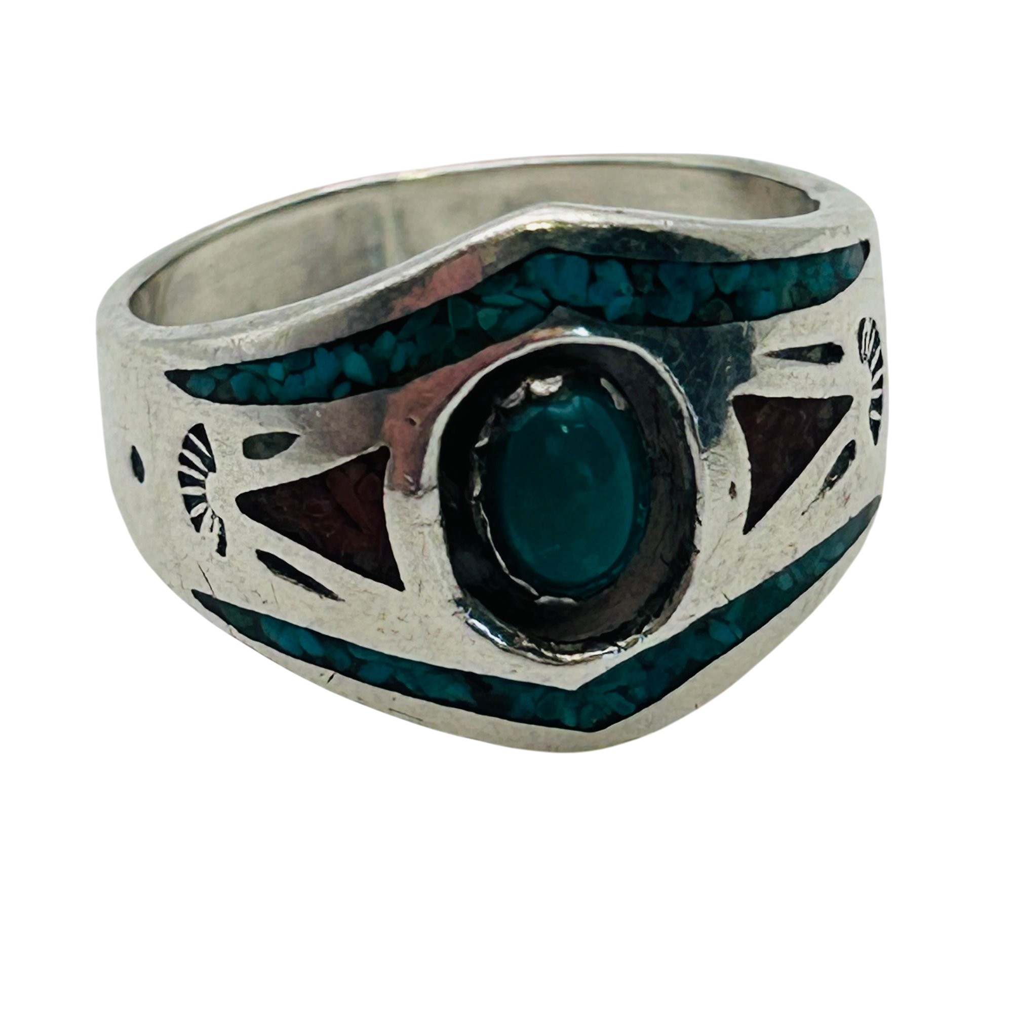 Signed Native Sterling Crushed Stone Ring Sz 7