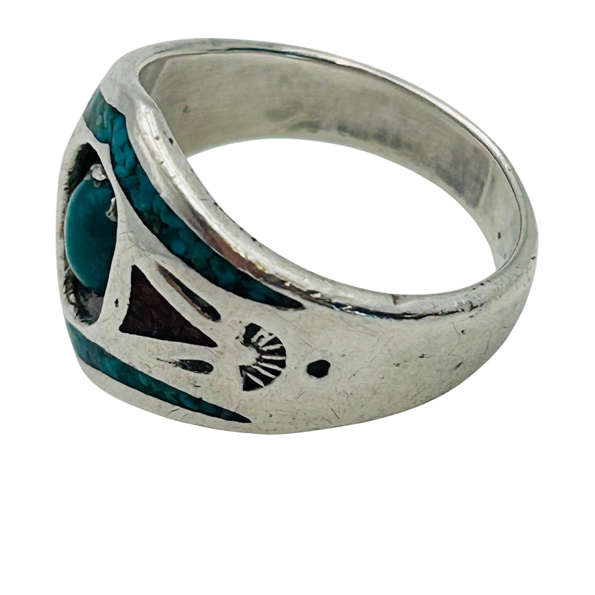 Signed Native Sterling Crushed Stone Ring Sz 7