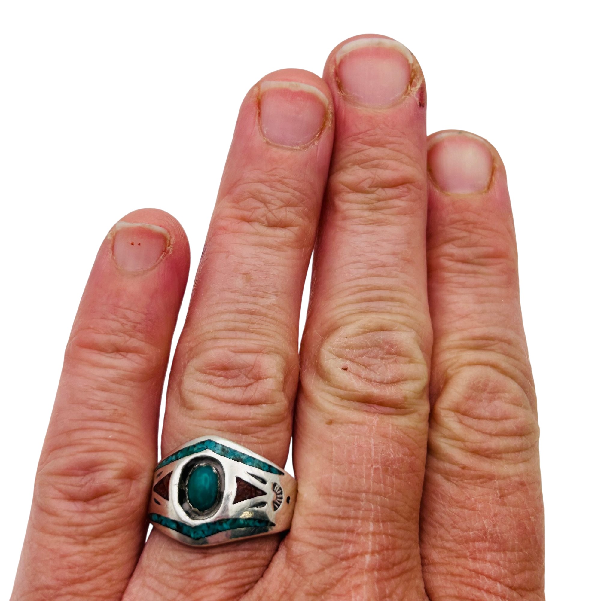 Signed Native Sterling Crushed Stone Ring Sz 7