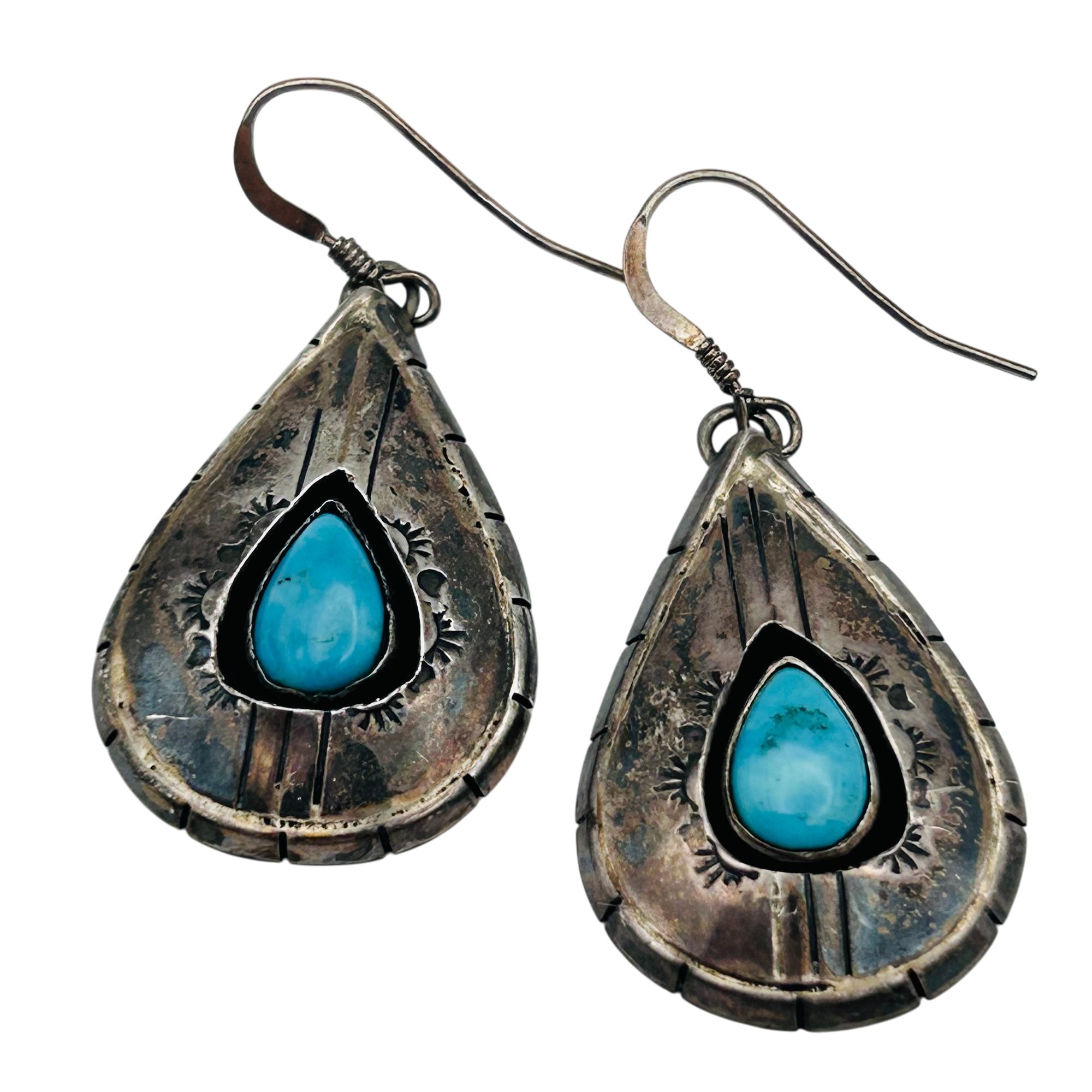 Signed Native Sterling Turquoise Teardrop Earrings