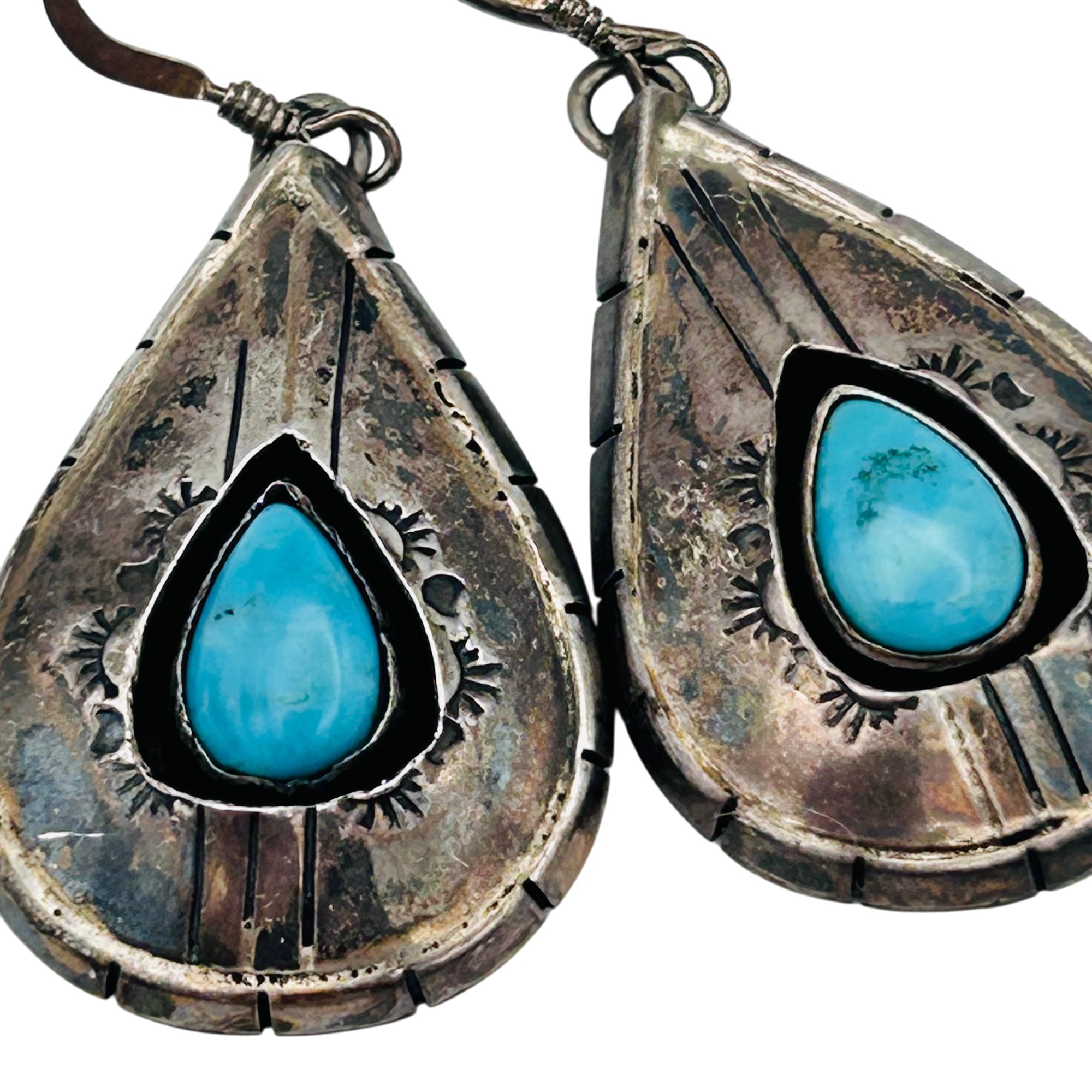 Signed Native Sterling Turquoise Teardrop Earrings