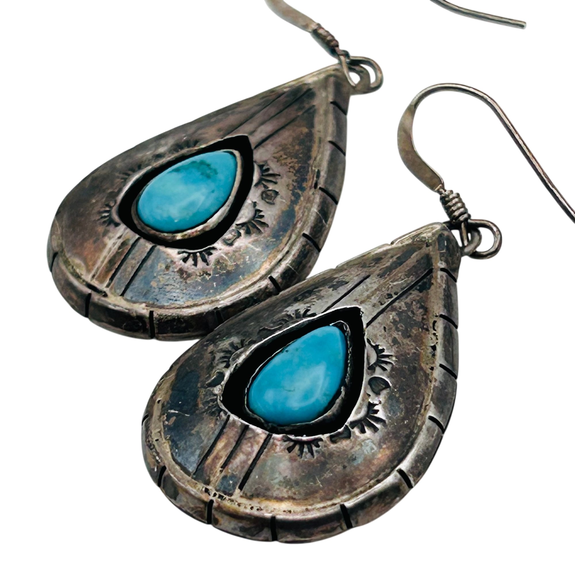 Signed Native Sterling Turquoise Teardrop Earrings