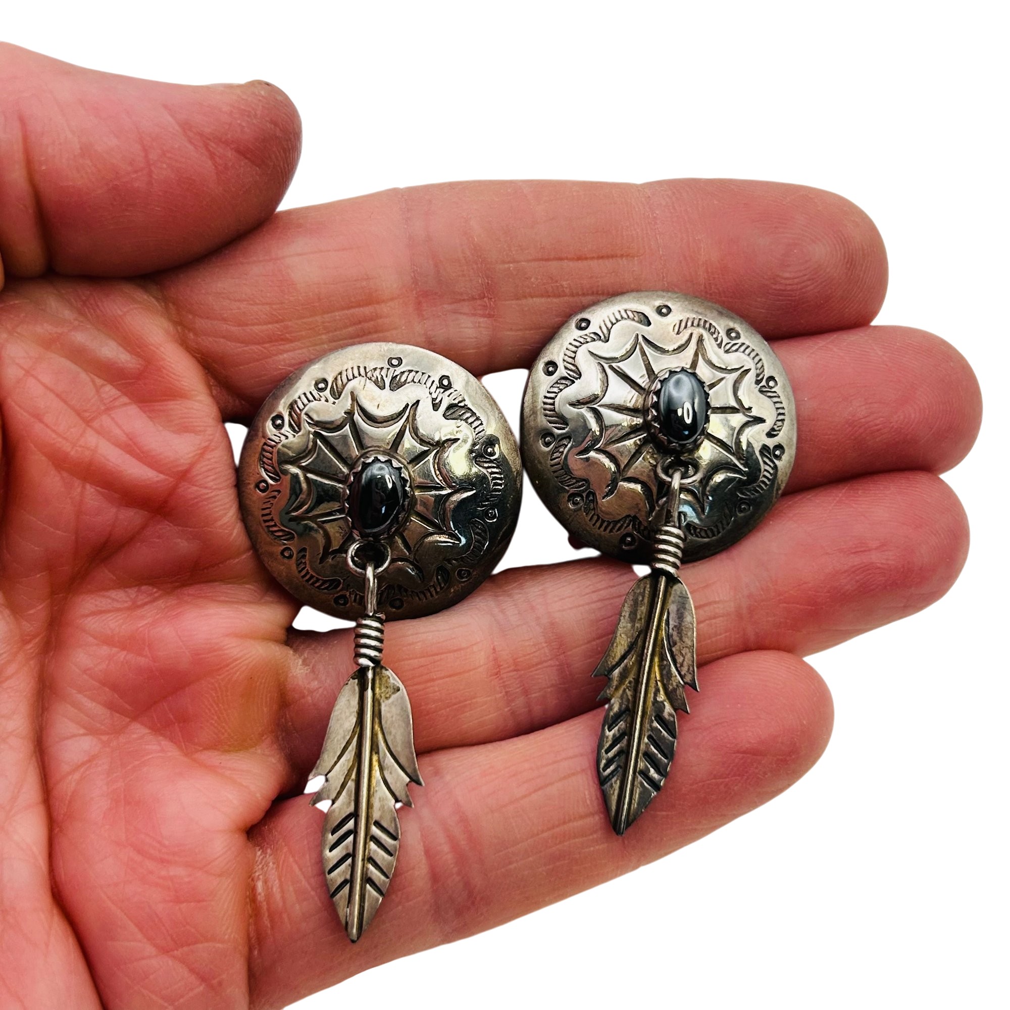 Navajo Sterling Stamped Hematite Earrings