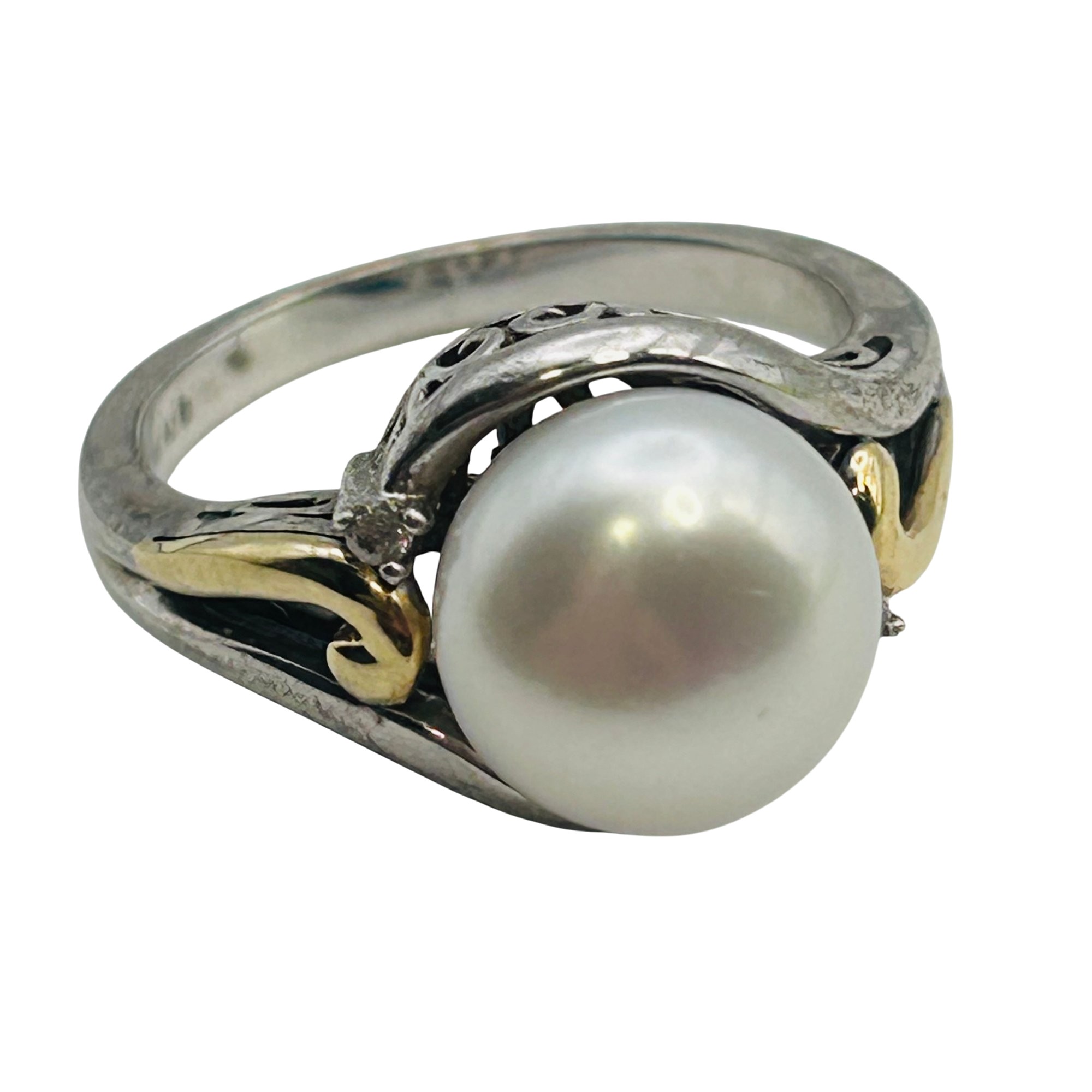 Signed Sterling And 14k Pearl Ring Sz 7