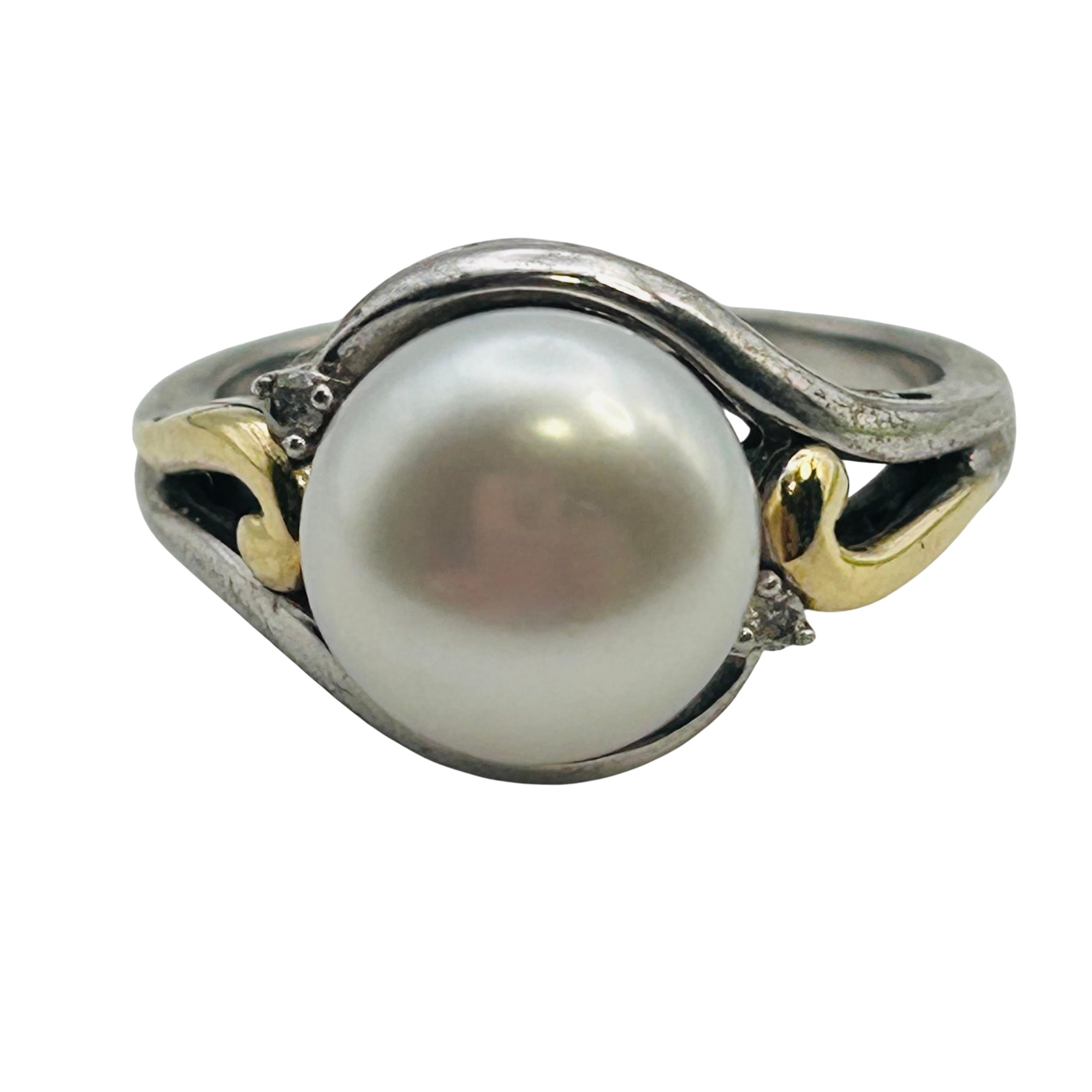 Signed Sterling And 14k Pearl Ring Sz 7