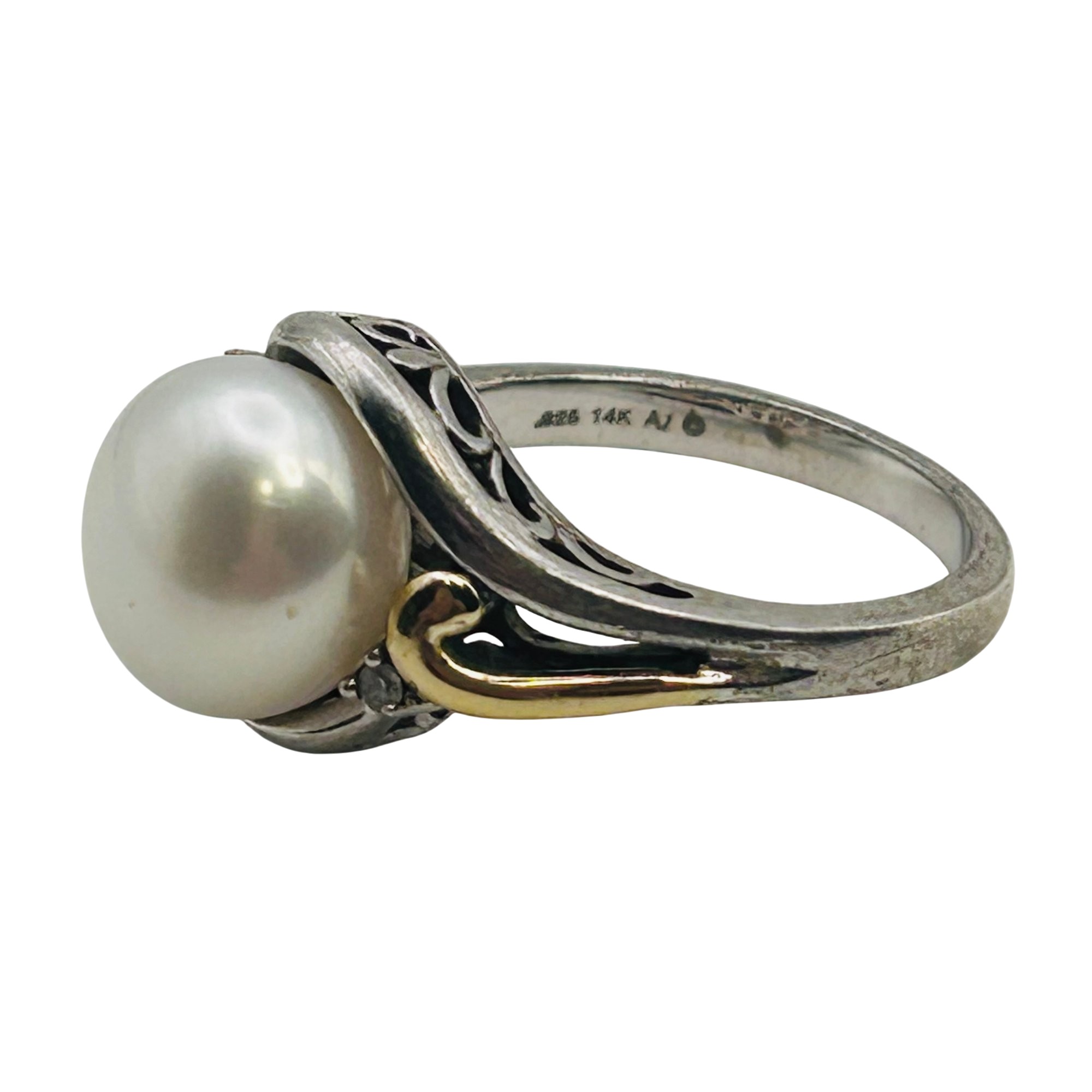 Signed Sterling And 14k Pearl Ring Sz 7